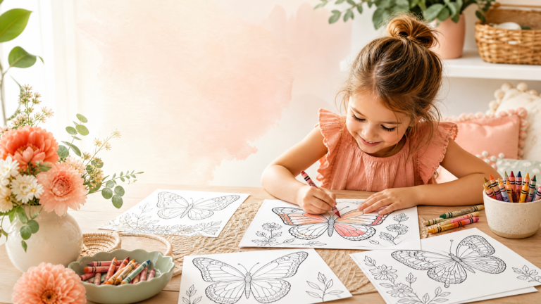 Child coloring free butterfly coloring pages at a colorful craft table
