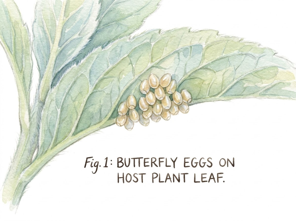A watercolor biological drawing showing delicate butterfly eggs nestled safely on the underside of a leafy host plant