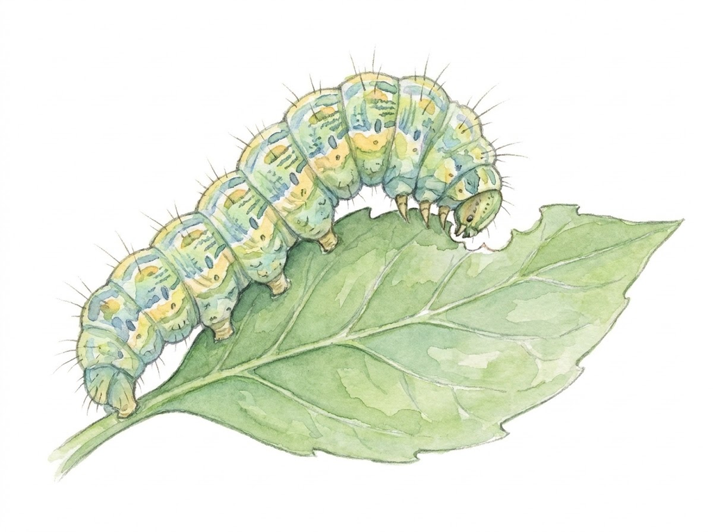 A detailed watercolor graphic of a textured caterpillar feeding actively on its host plant leaf