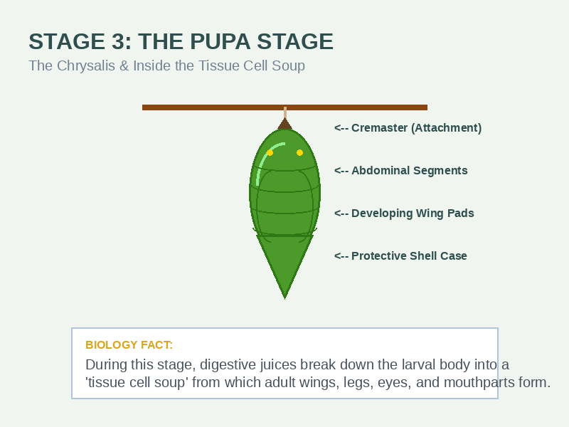 A custom-compiled educational infographic card of a green hanging chrysalis (pupa) with anatomical labels (such as the cremaster, segments, and wing pads) and key biological facts