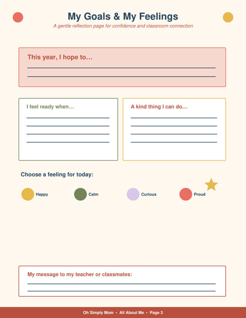 All About Me reflection worksheet with school-year goals, feelings and a kind message
