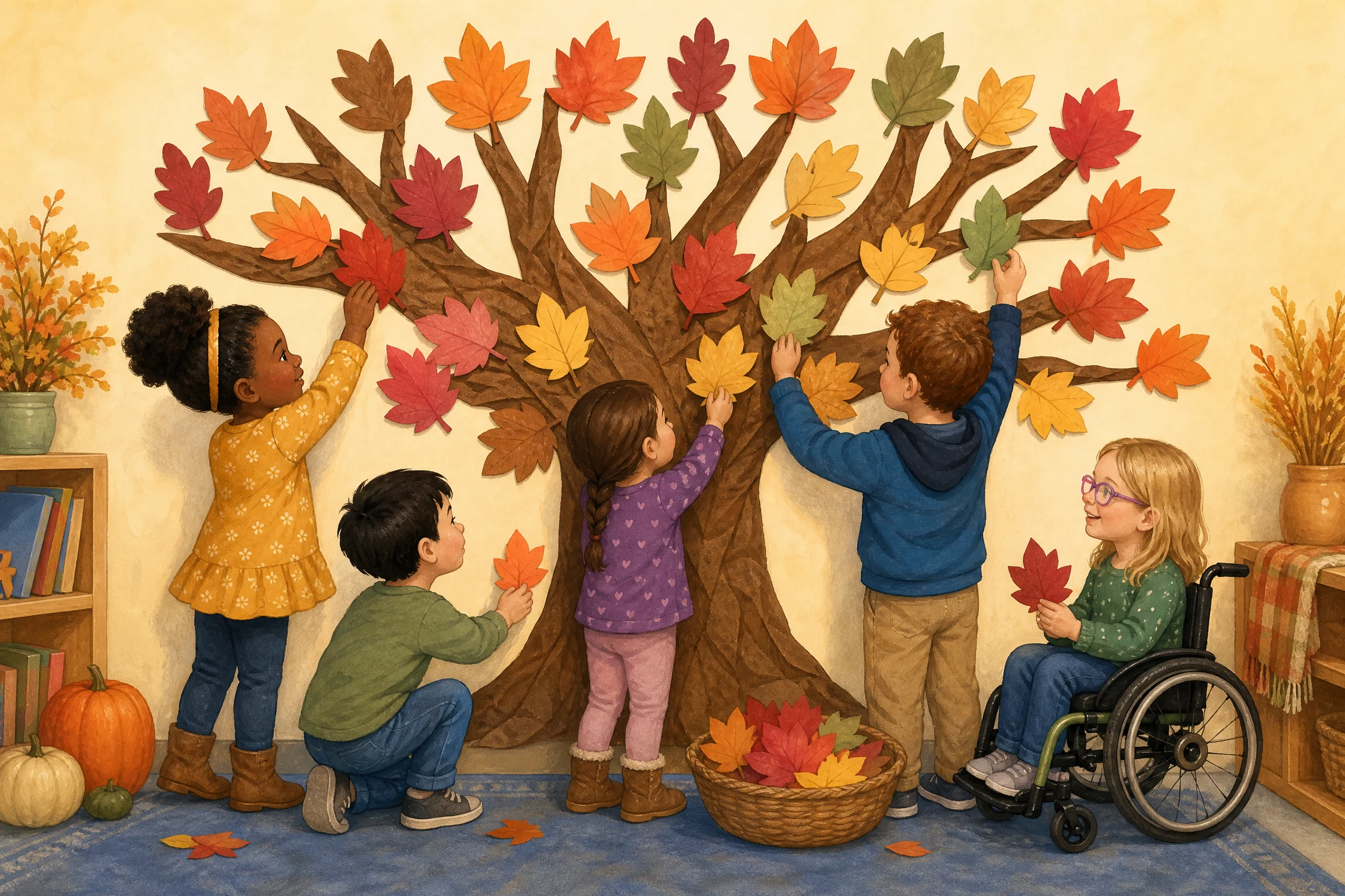 Children adding colorful paper leaves to a Thanksgiving thankful tree