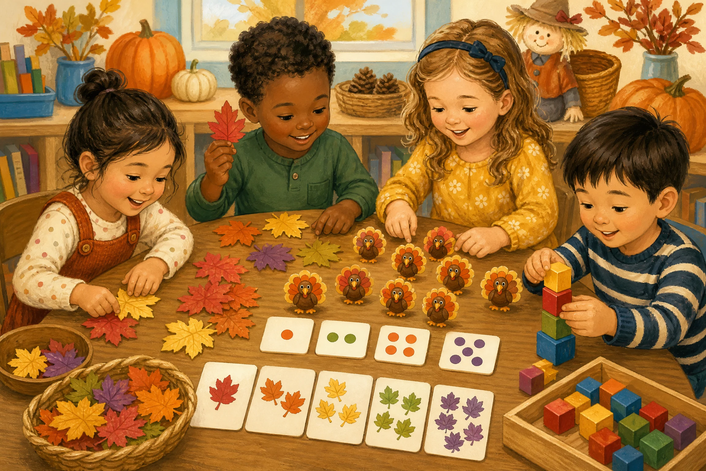 Children counting paper leaves and turkey counters during a Thanksgiving math game