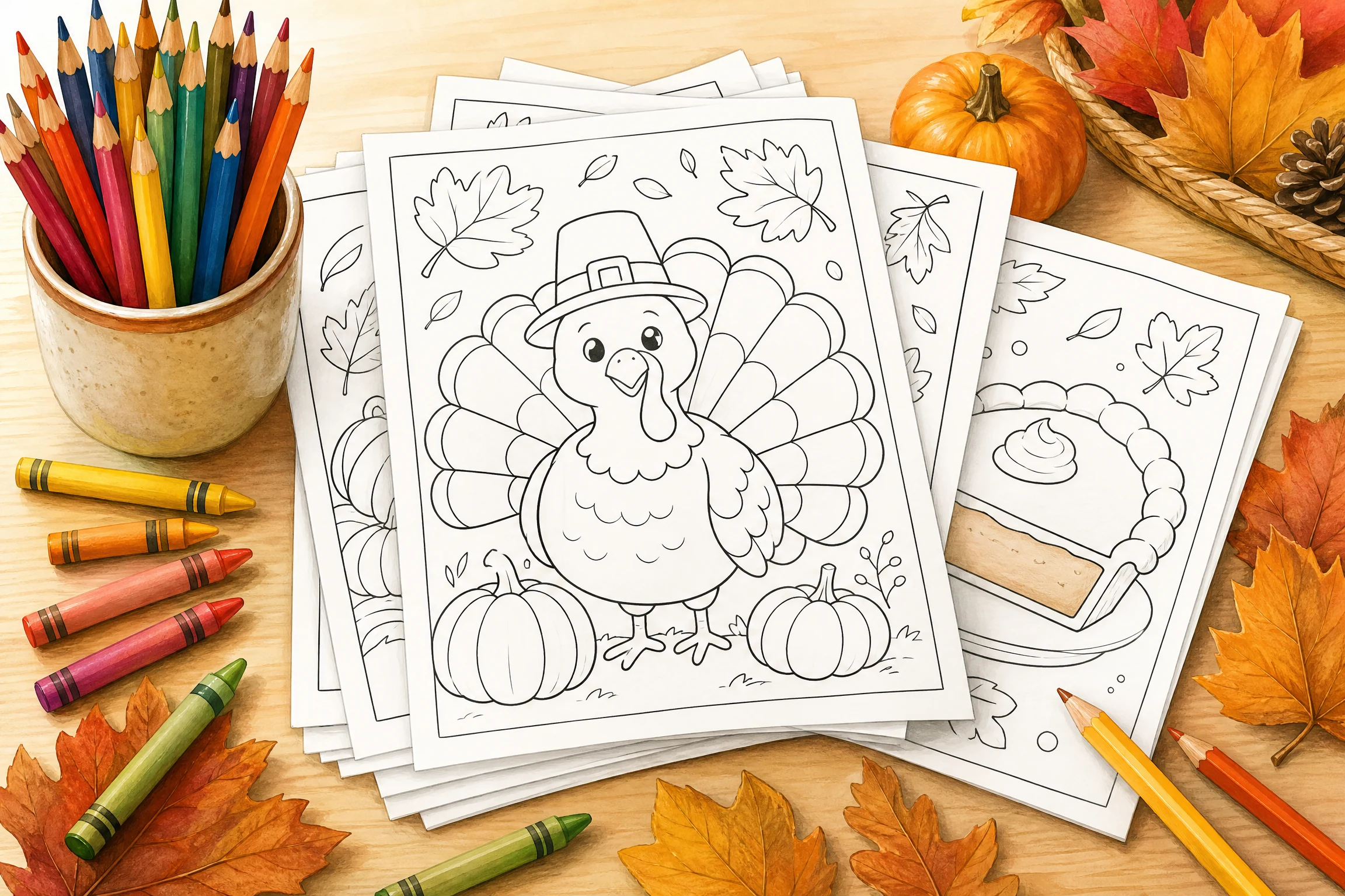 Thanksgiving coloring pages with crayons, leaves, pumpkins, and a paper turkey