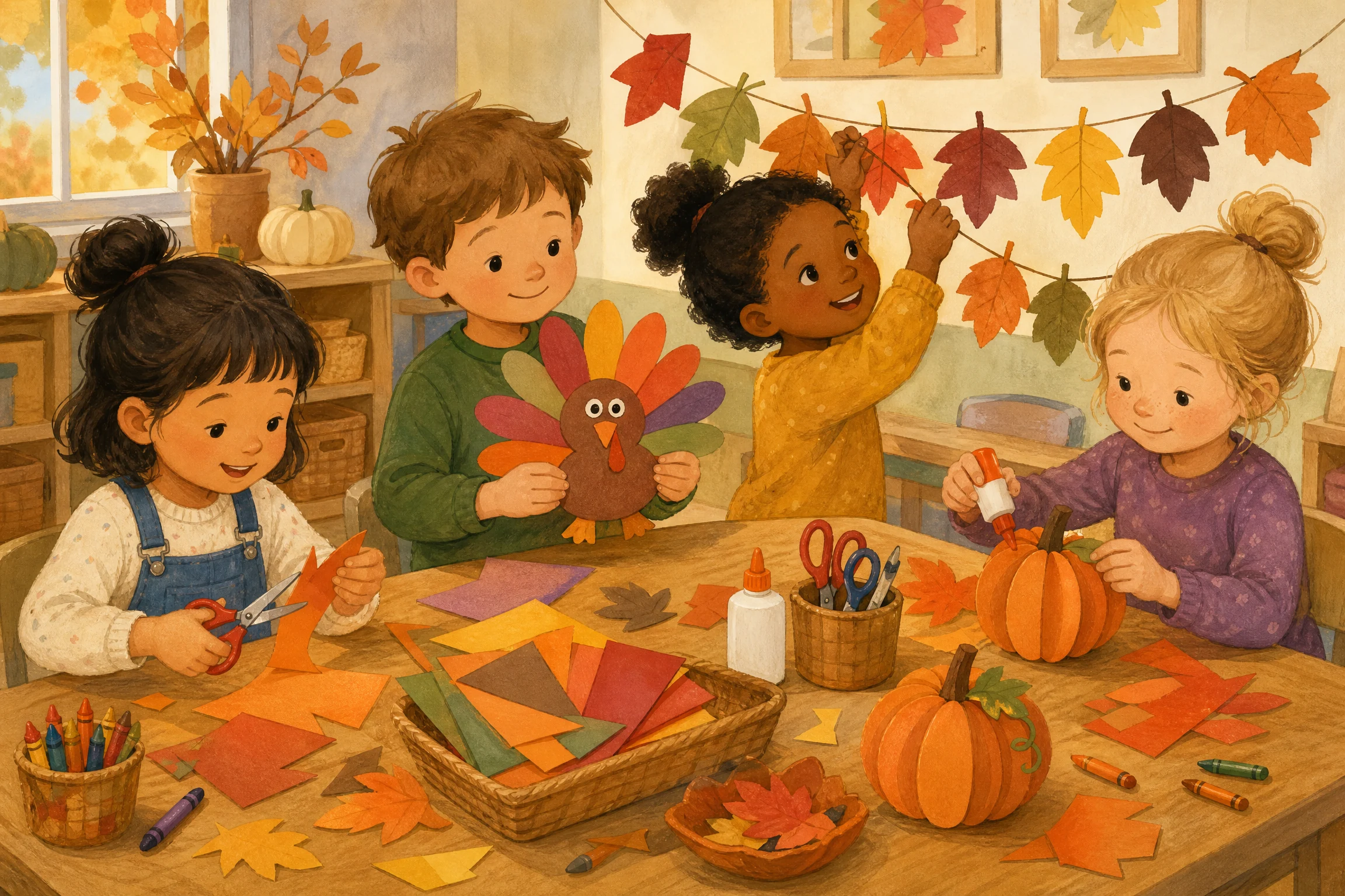Children making simple Thanksgiving paper crafts with turkeys and leaves