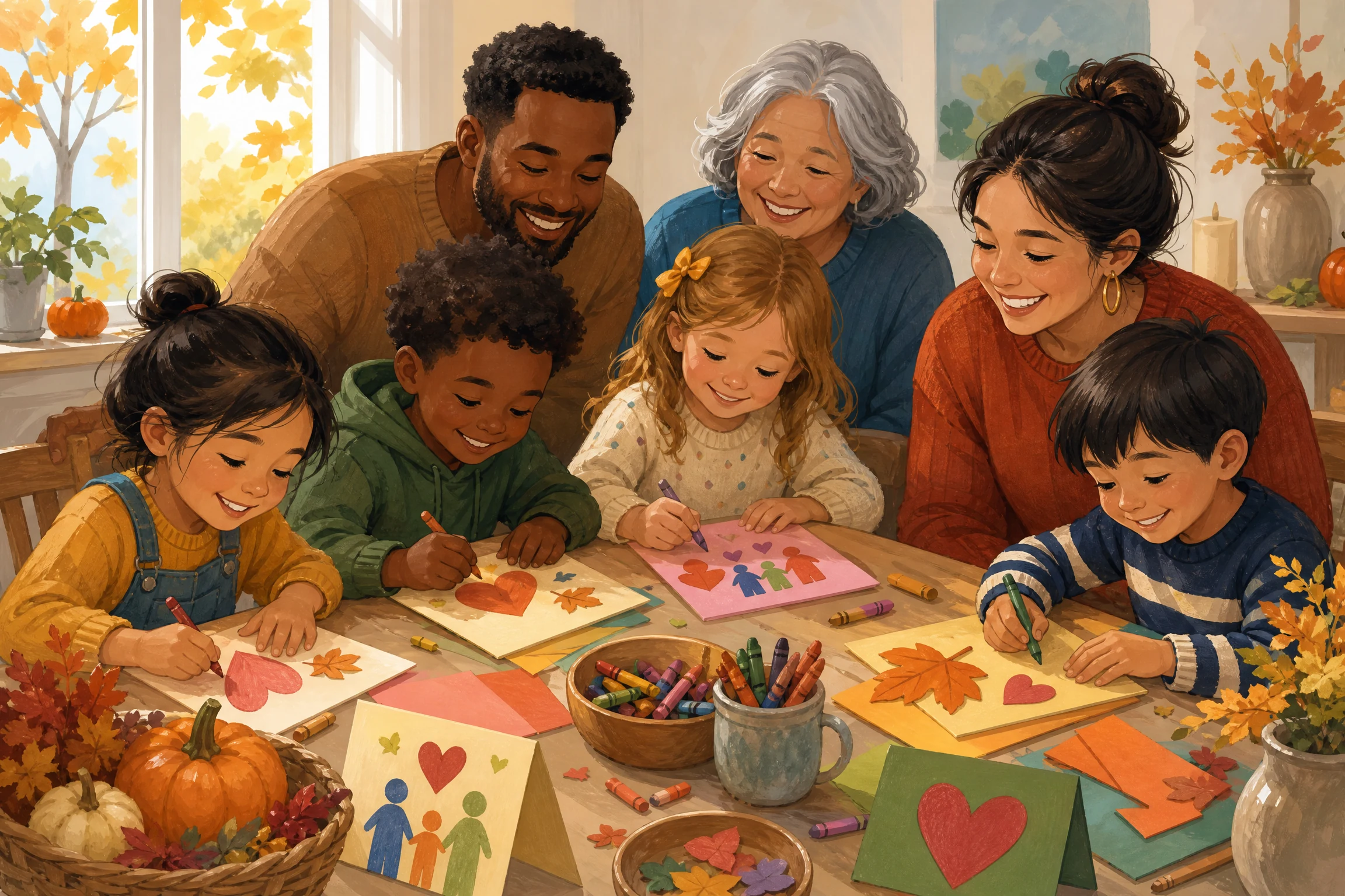 Children decorating handmade Thanksgiving gratitude cards at a table