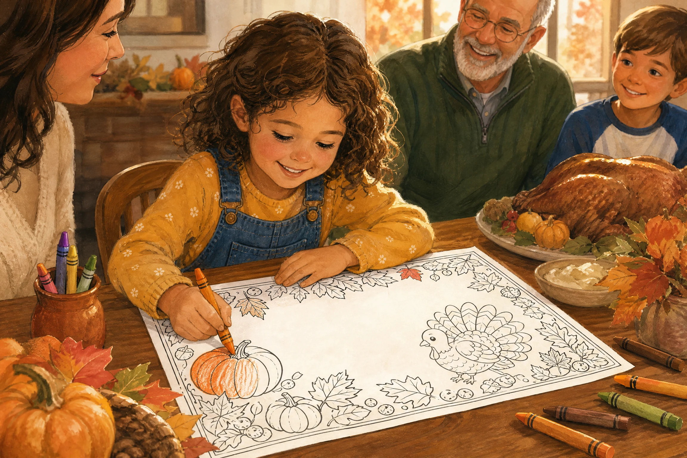 Child coloring a Thanksgiving printable placemat at a family table