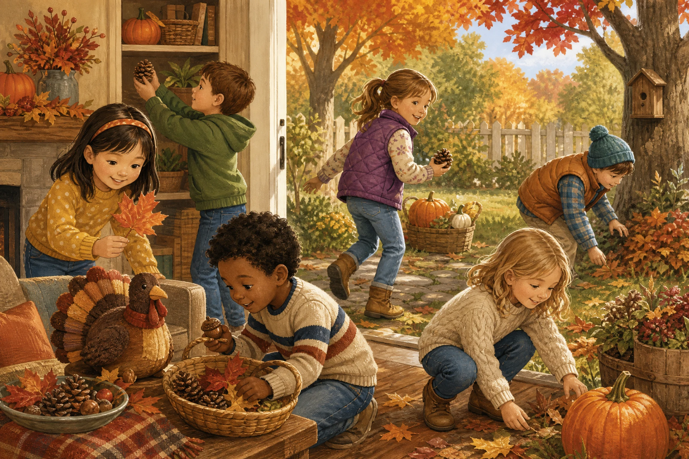 Children searching for autumn objects during a Thanksgiving scavenger hunt