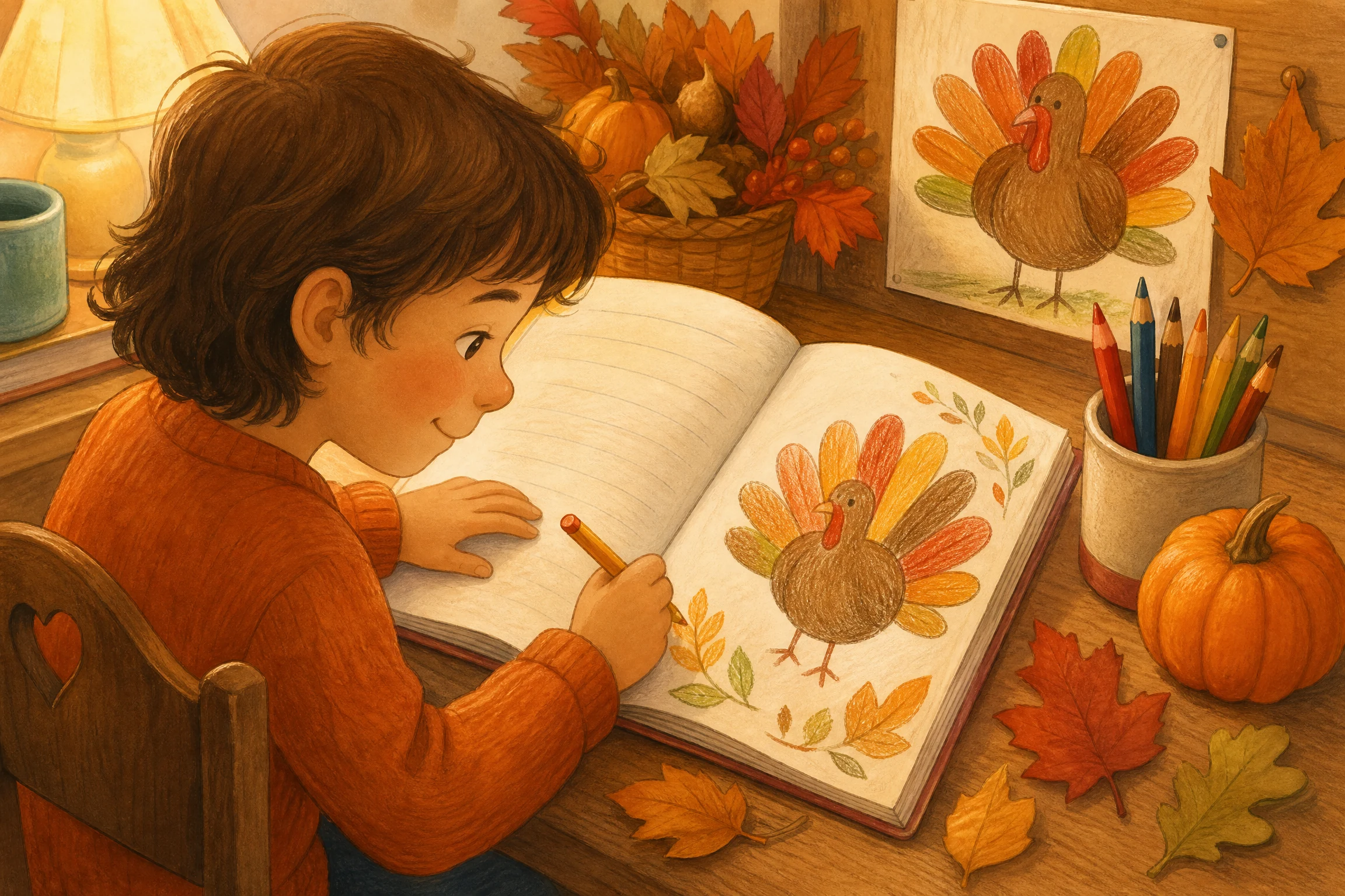 Child writing and drawing in a Thanksgiving journal beside autumn decorations