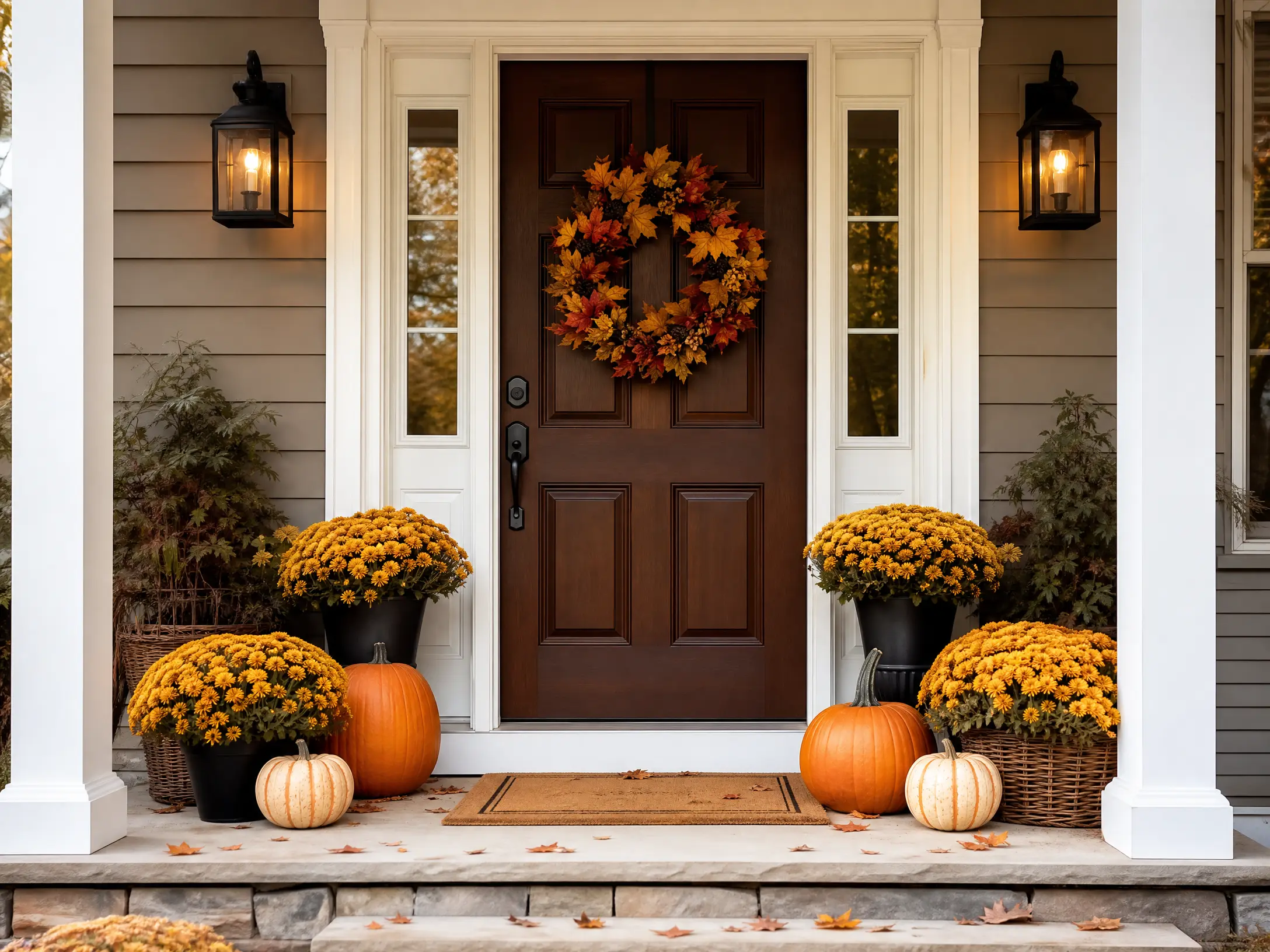Fall front porch decorated with pumpkins and golden mums