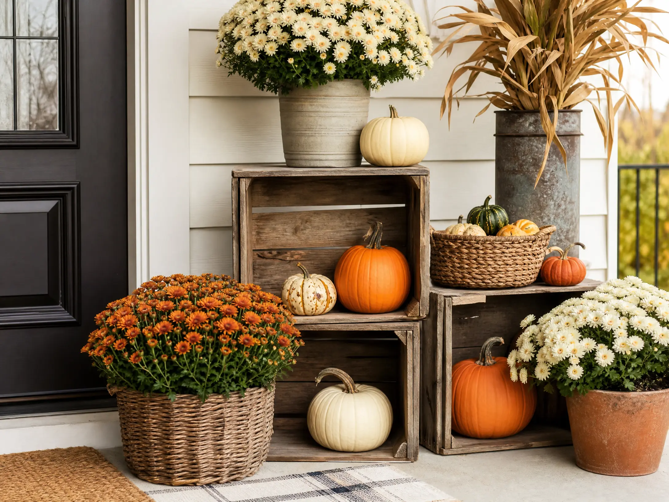 Farmhouse porch with rustic wooden crates holding pumpkins and mums