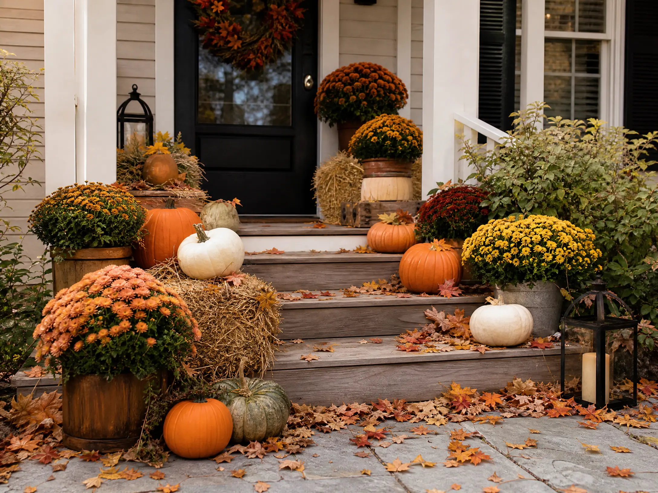 Cozy porch decorated with hay bales, pumpkins, and mums
