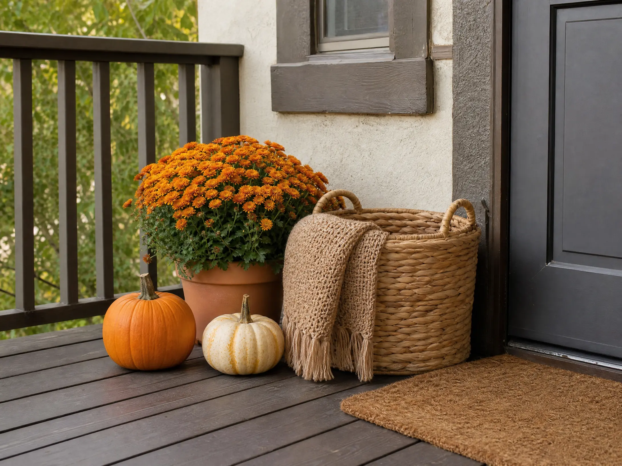 Small porch with one mum, two pumpkins, a basket, and a mat