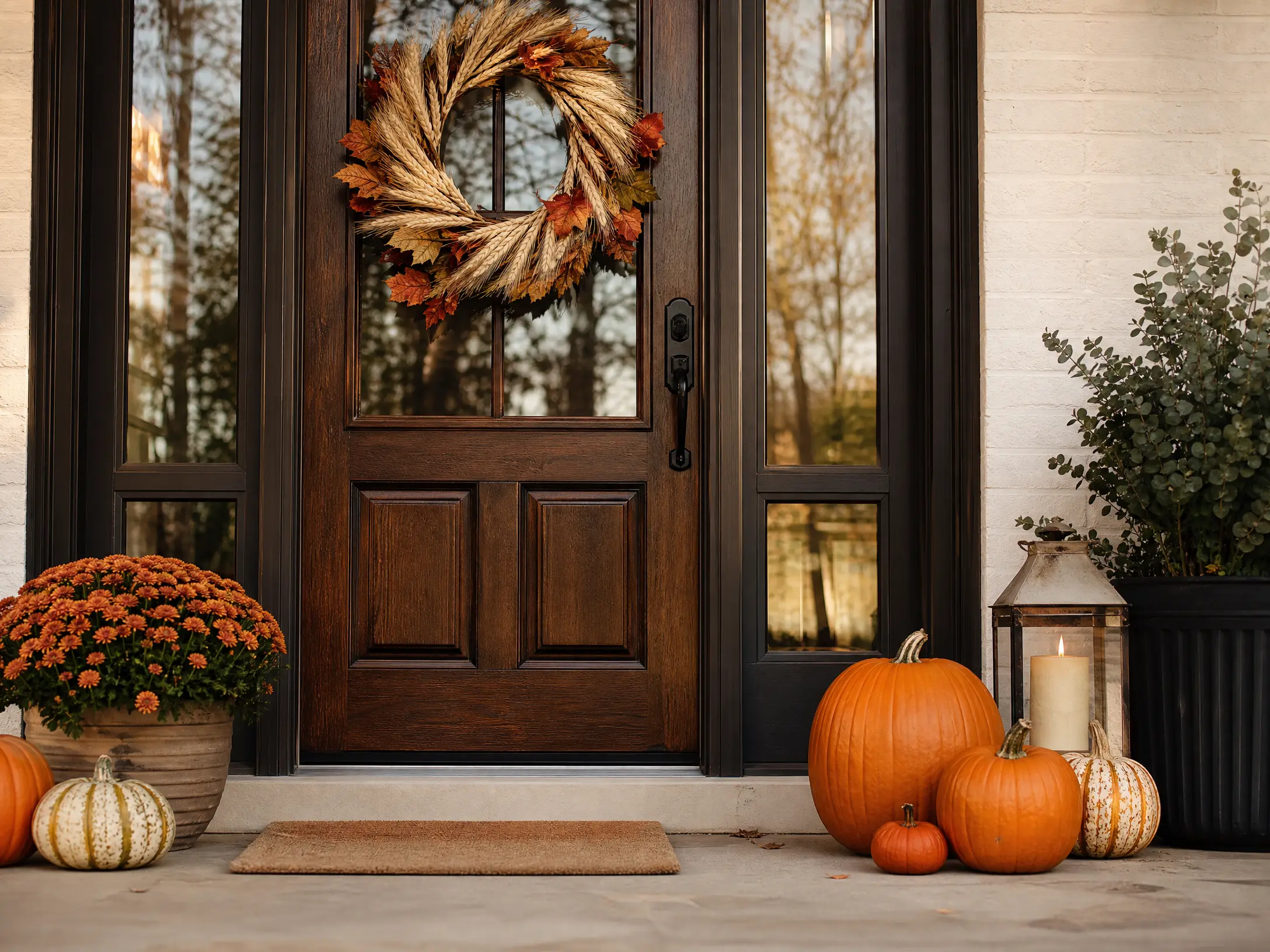 Fall front door with a wheat wreath, pumpkins, and one mum