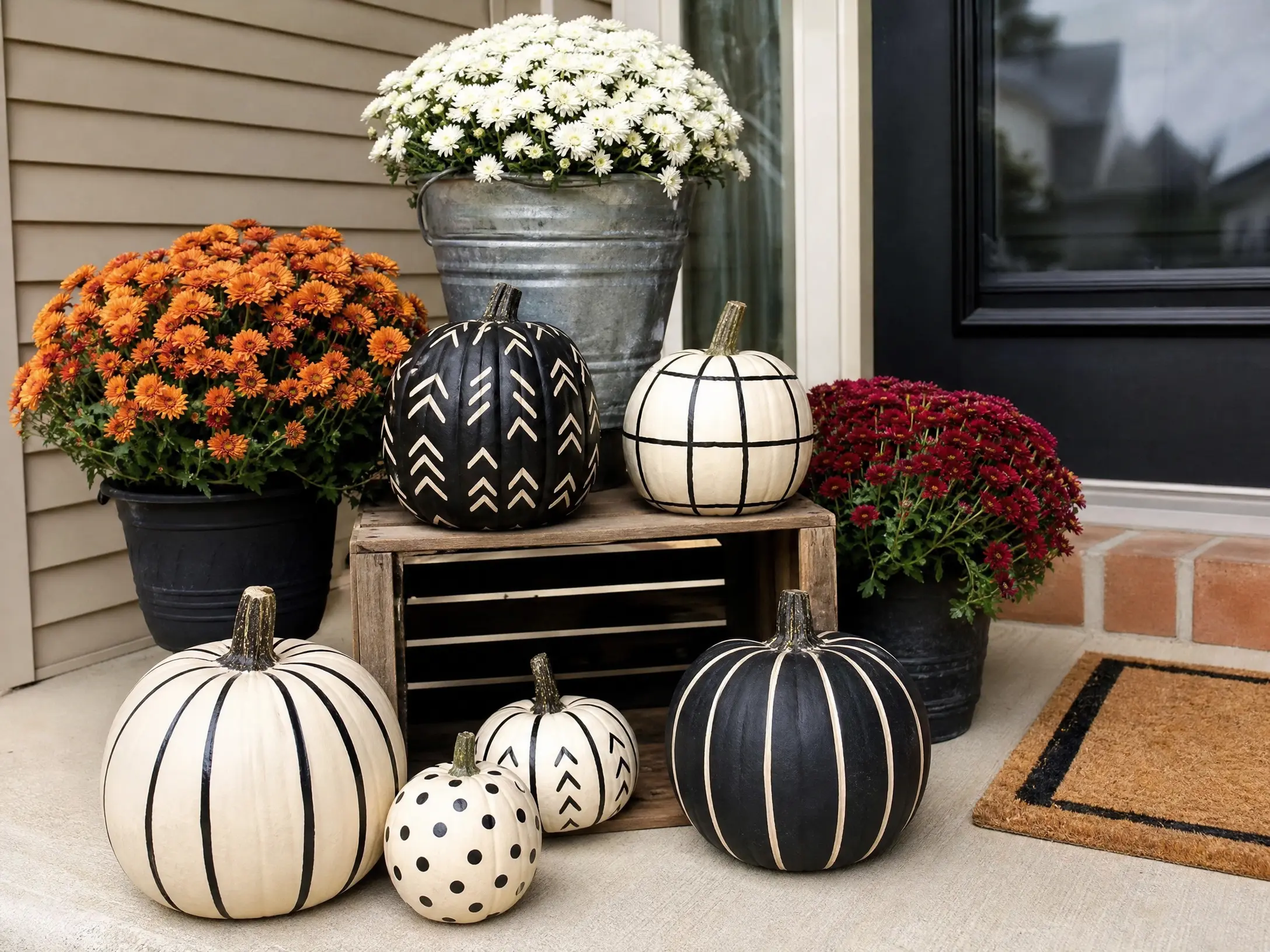 DIY fall porch with hand-painted pumpkins, mums, and a crate