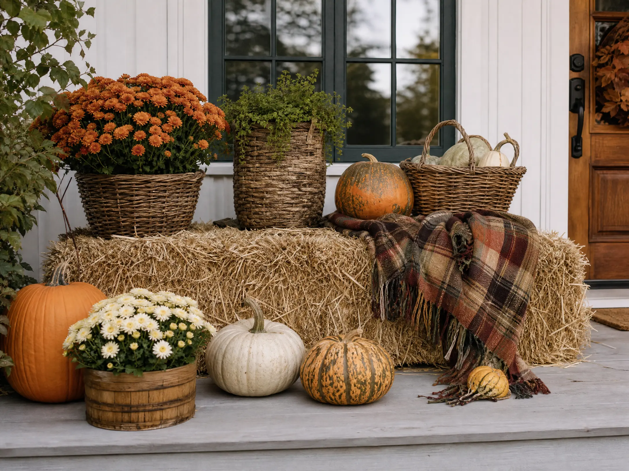 Rustic porch with a straw bale used as a low display bench