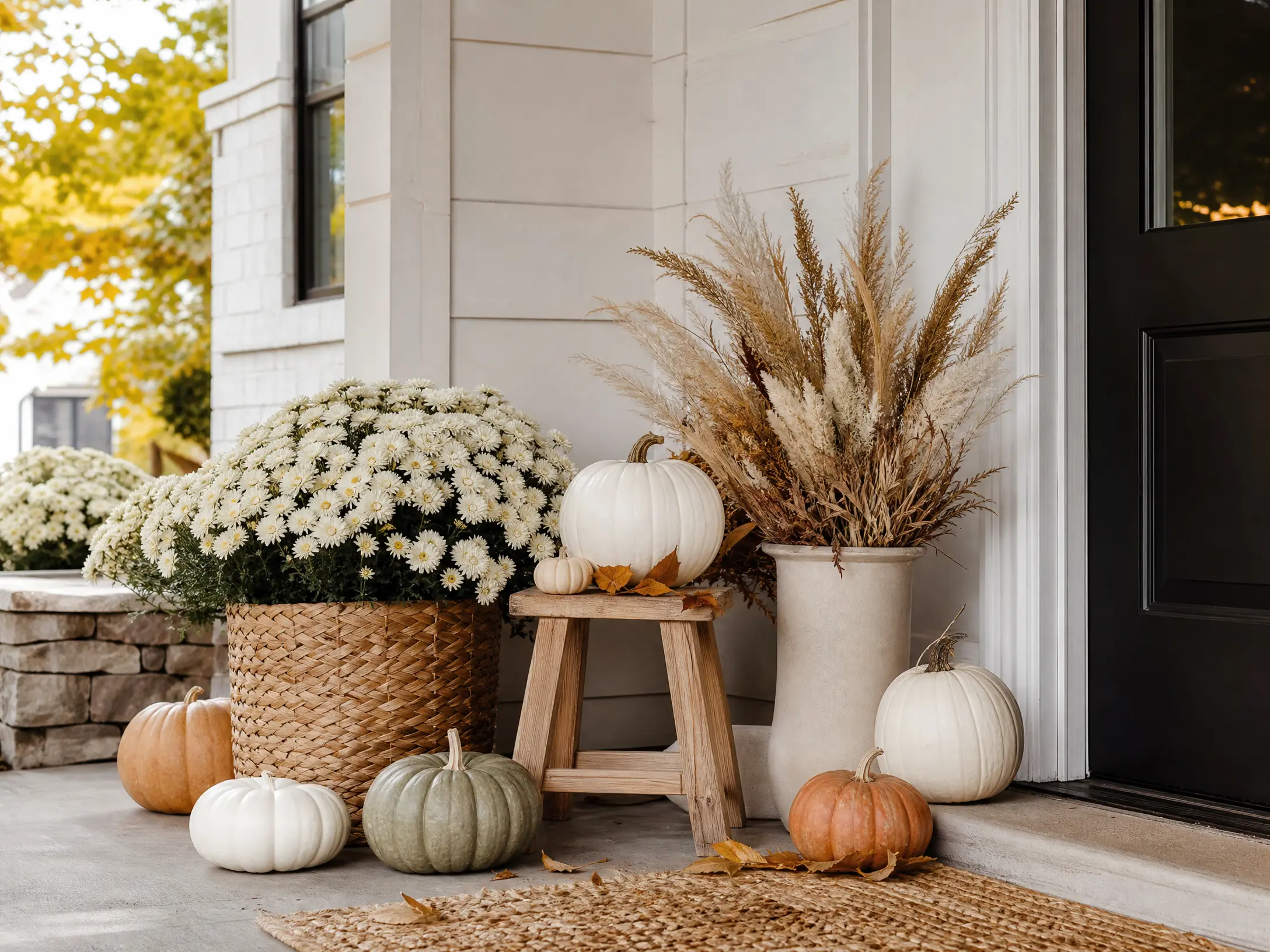 Simple neutral fall porch with cream mums, pumpkins, and a woven basket