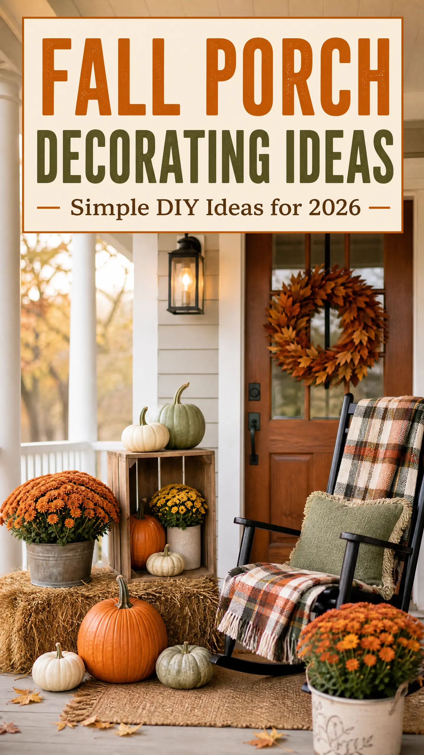 Small farmhouse porch decorated with pumpkins, mums, hay, and a wooden crate