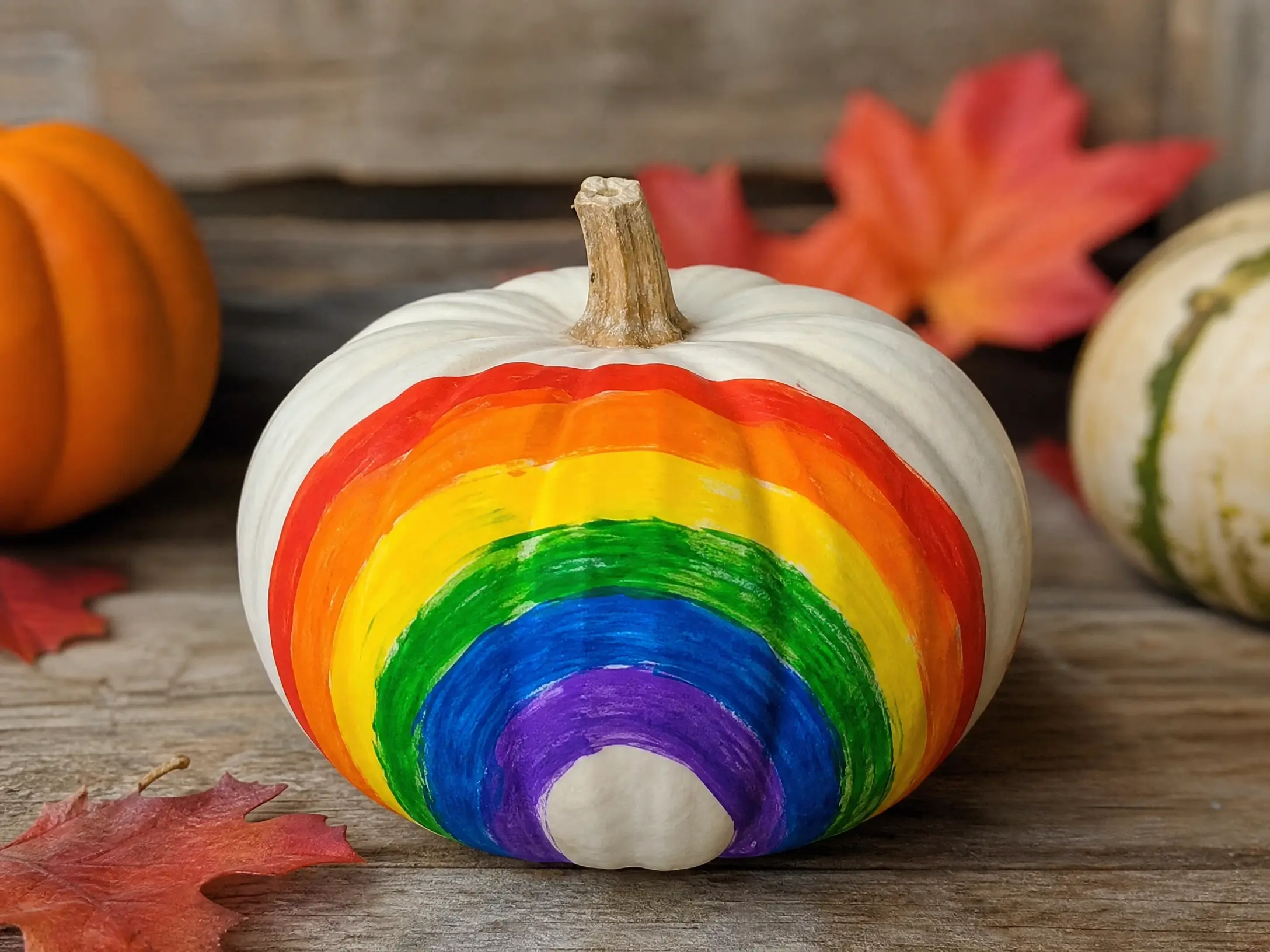 Small pumpkin painted with classic rainbow arches