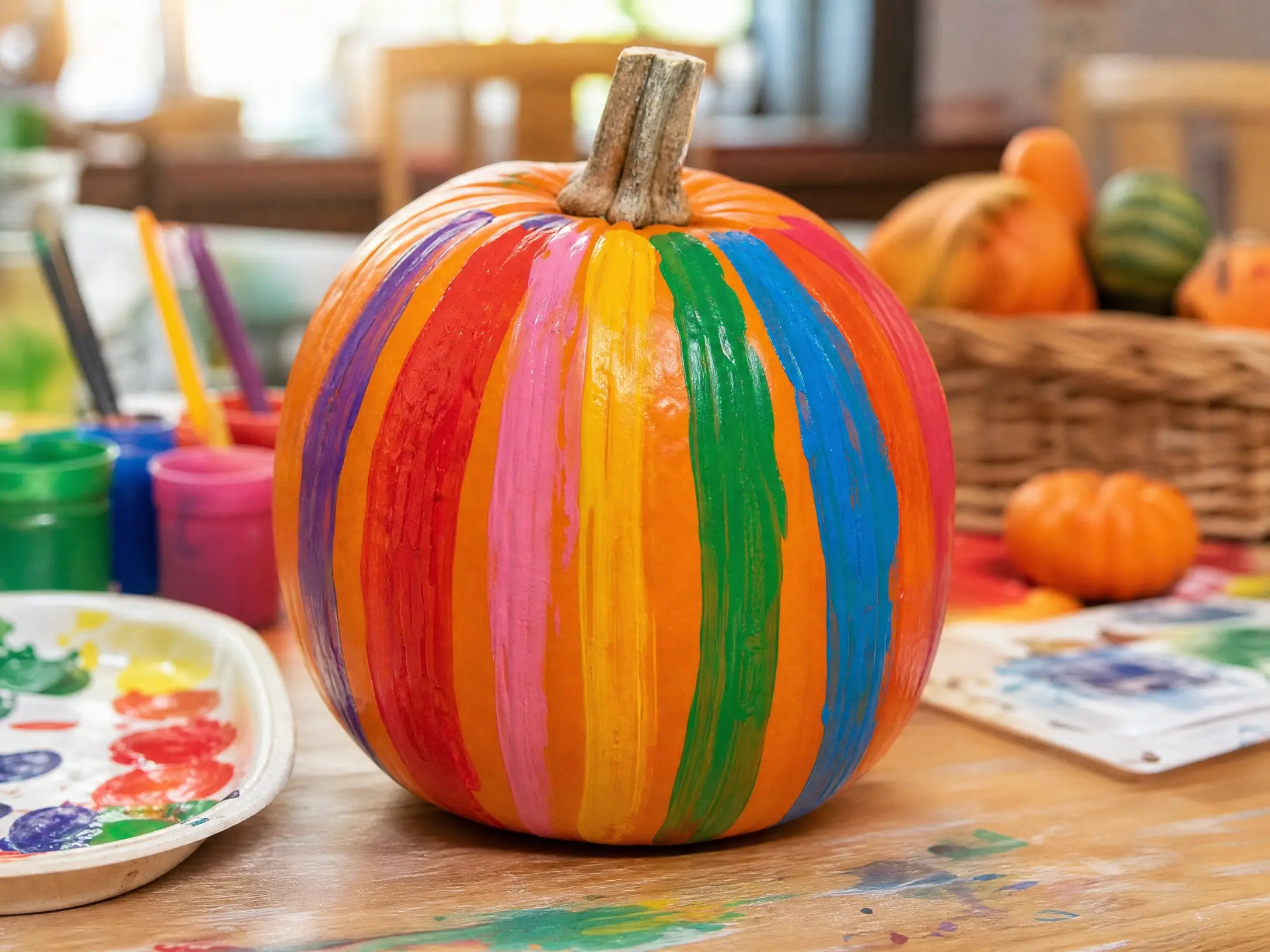 Orange pumpkin covered in cheerful vertical rainbow stripes