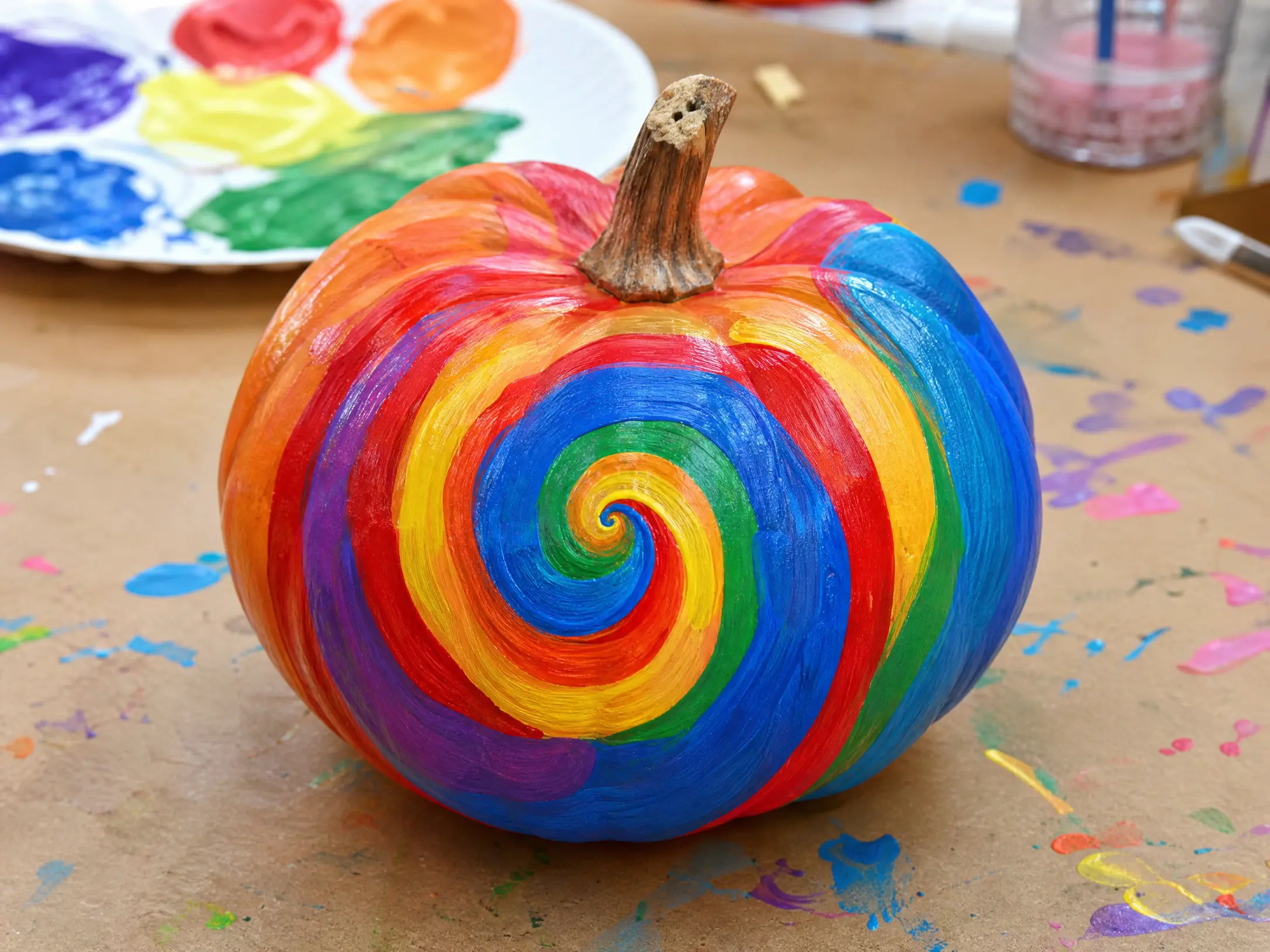 Small orange pumpkin painted with a flowing rainbow swirl