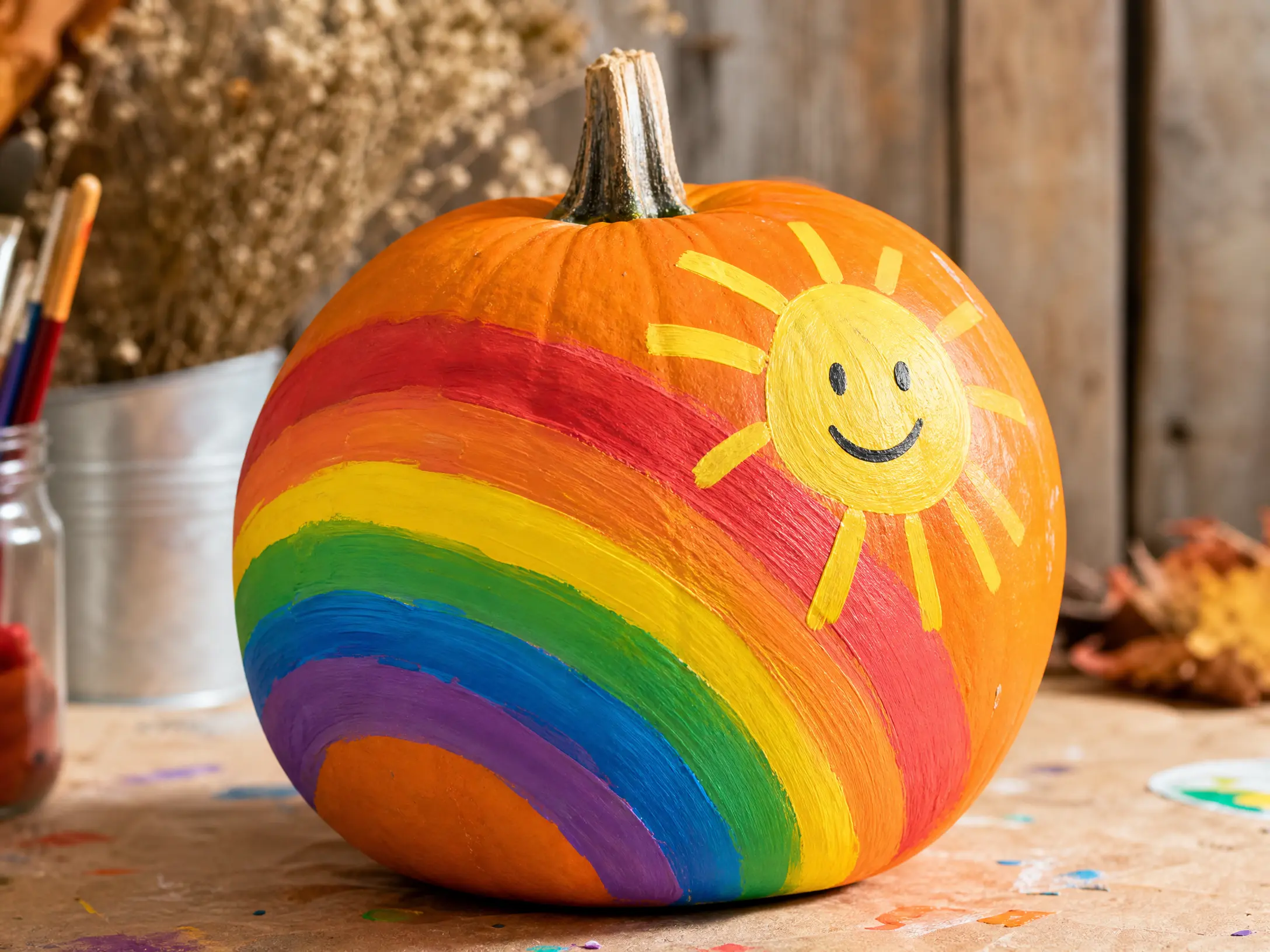 Cheerful pumpkin painted with a rainbow and bright yellow sun