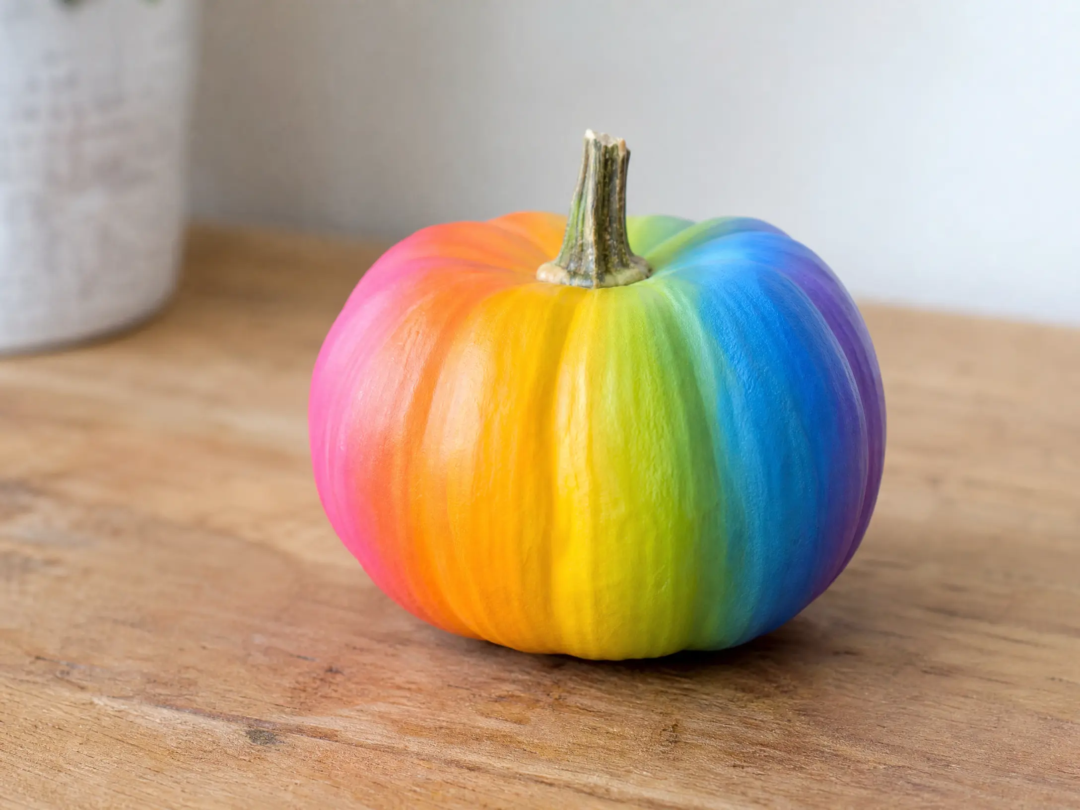 Mini pumpkin painted in a smooth rainbow ombre gradient