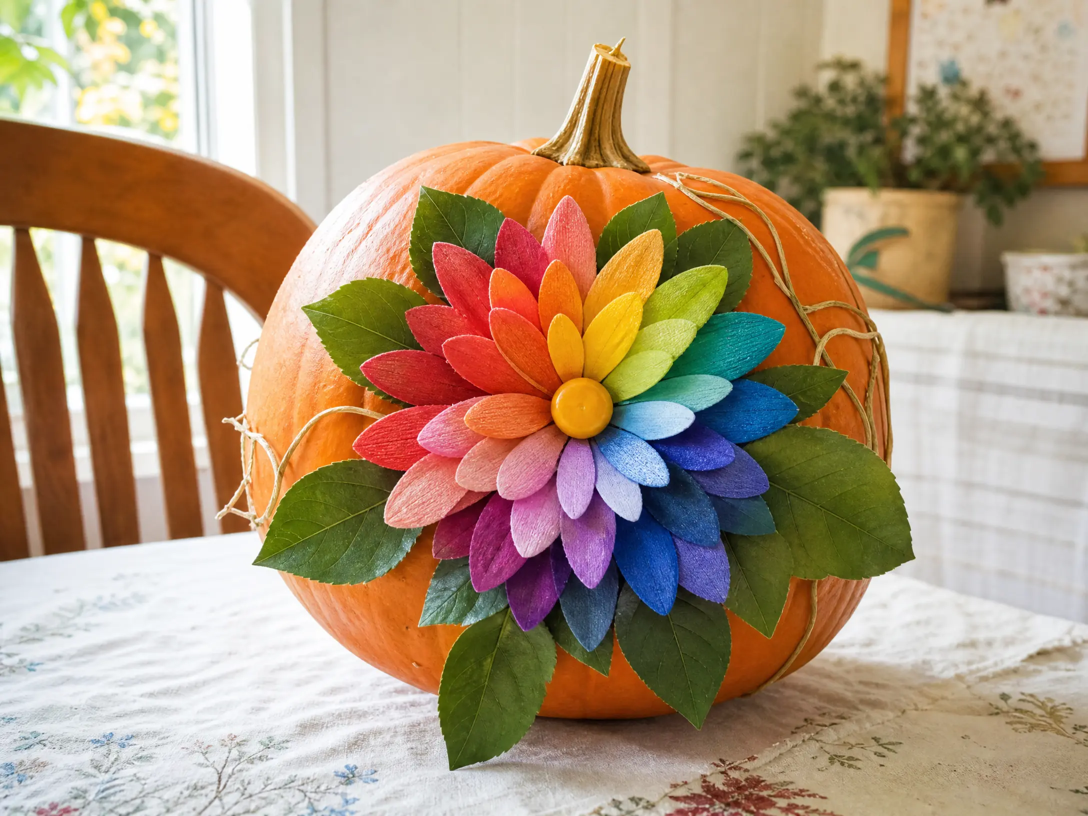 Orange pumpkin decorated with a large colorful rainbow flower