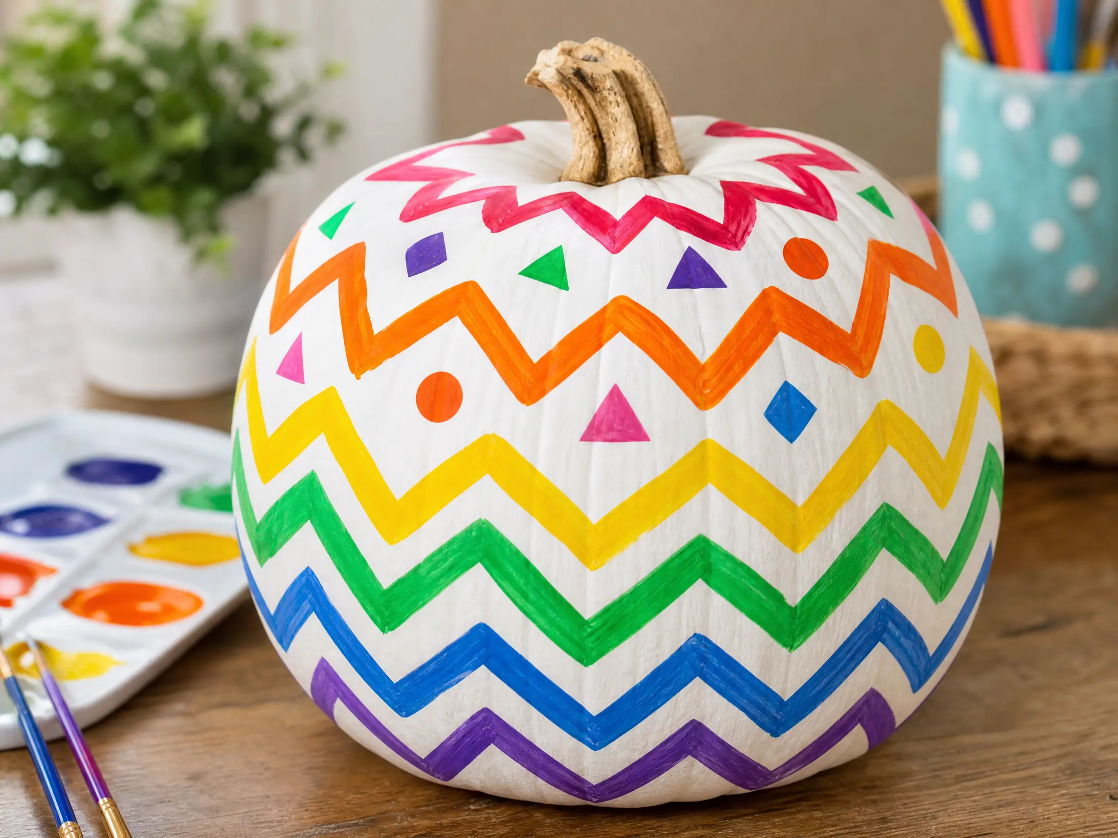 White pumpkin painted with bold rainbow zigzag lines