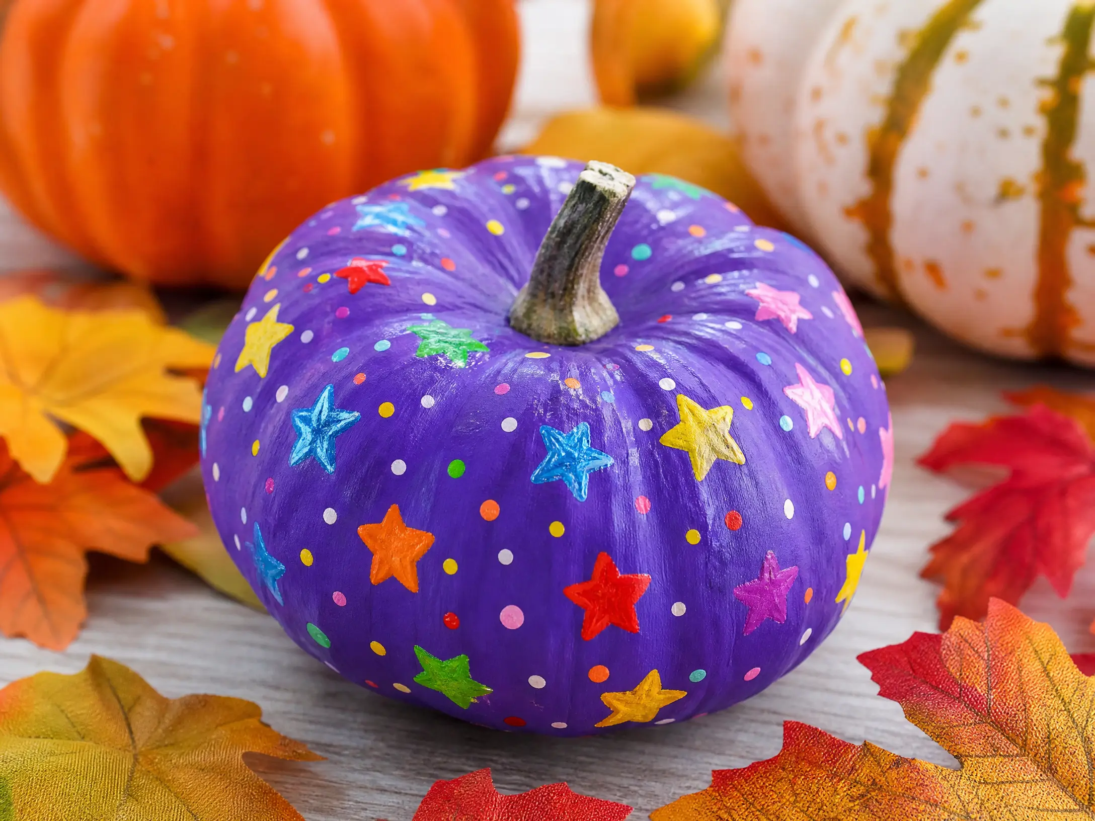 Purple mini pumpkin painted with colorful rainbow stars