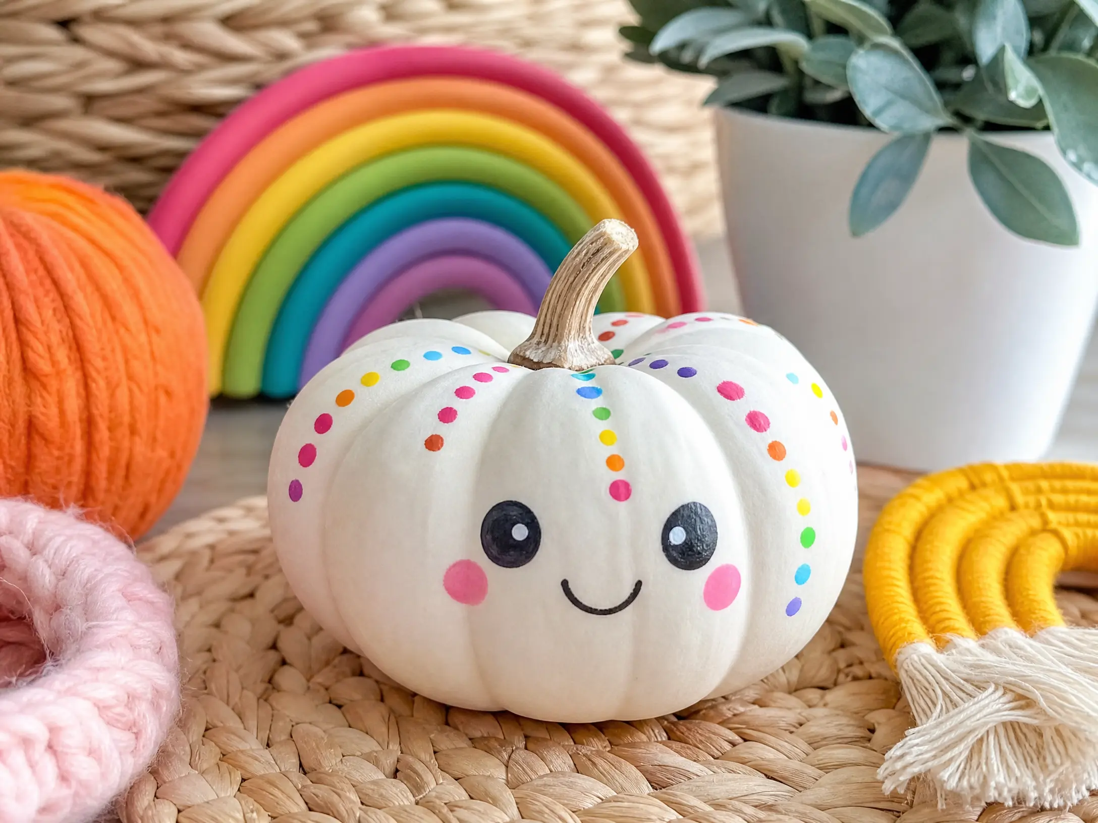 Cute white mini pumpkin with a happy face and rainbow details