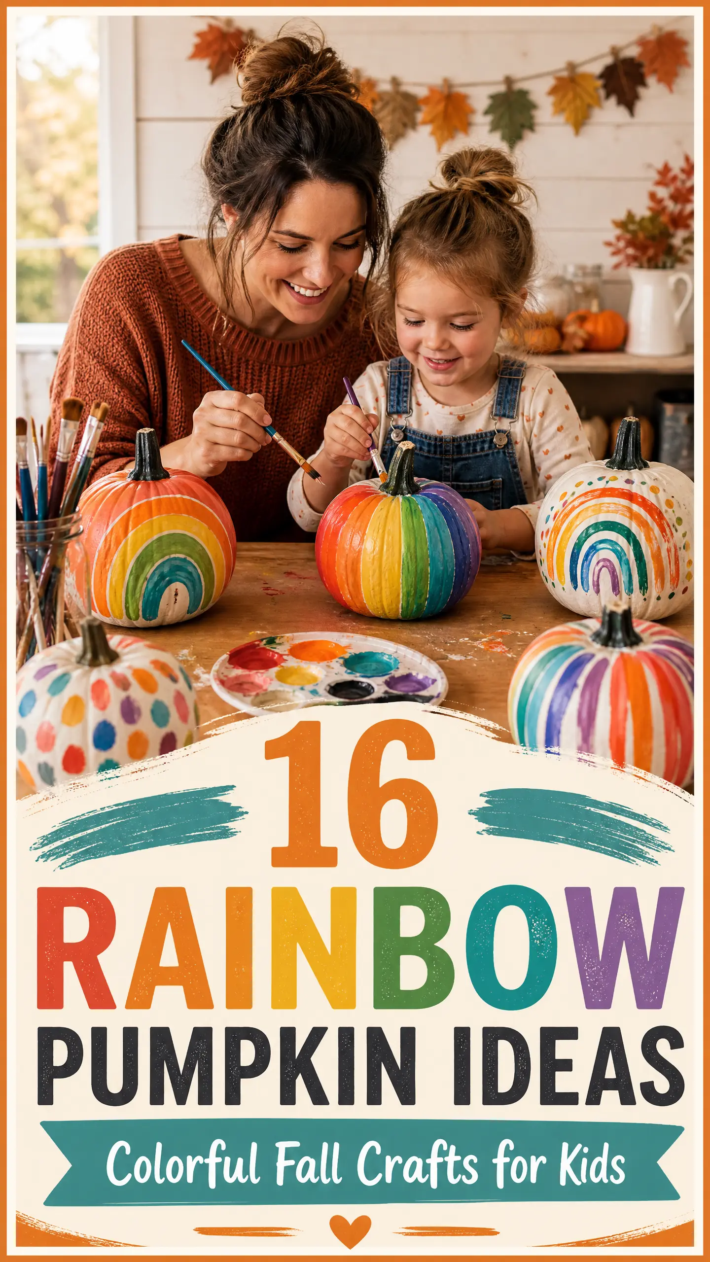 Mother and child painting bright rainbow pumpkins at a fall craft table