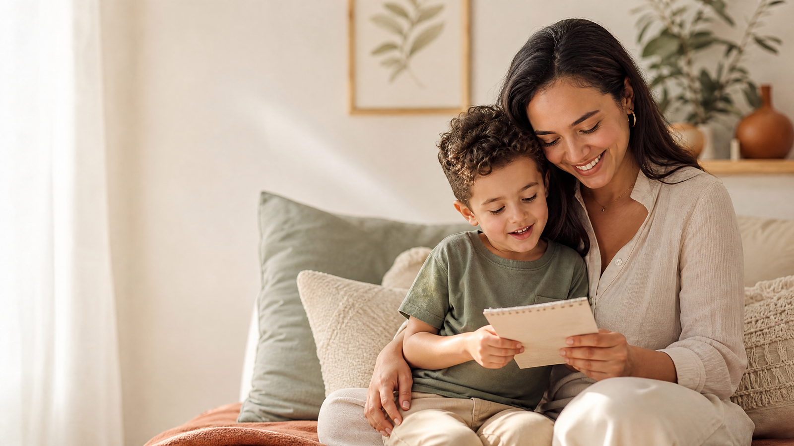 A mother and her young son looking at a handwritten list of baby names together