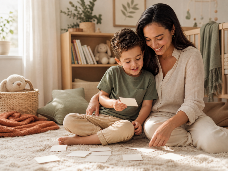 A mother and her son arranging blank name cards together in a cozy reading corner