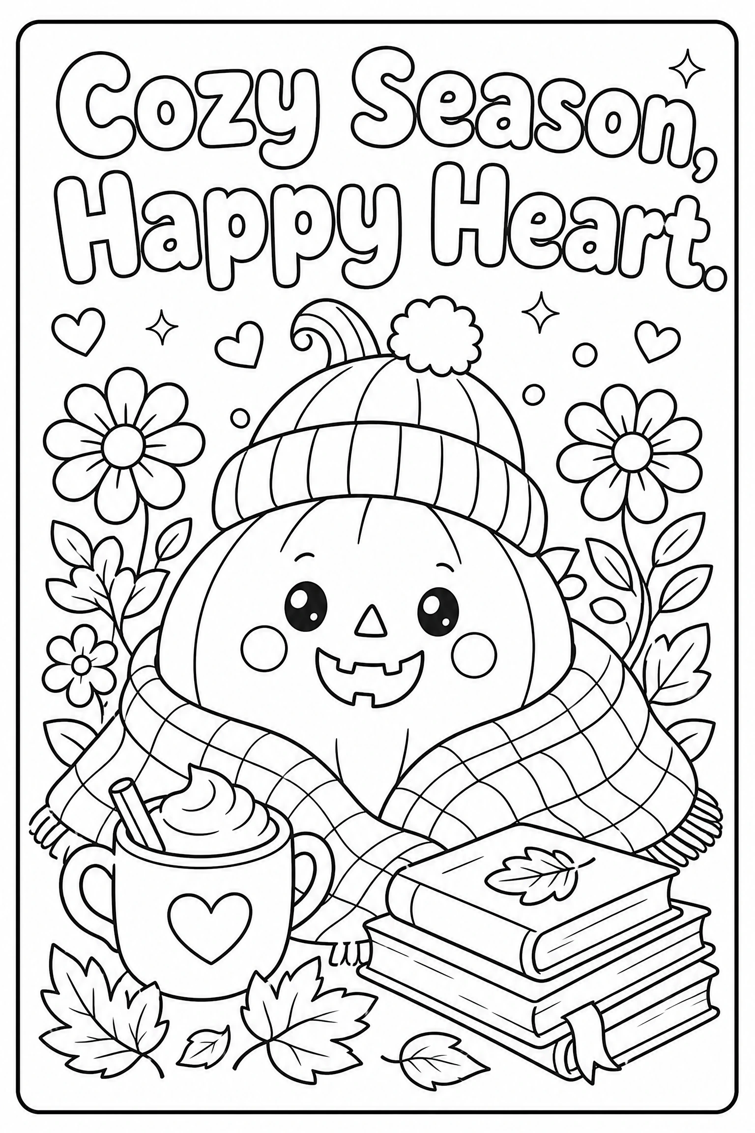 Cozy season happy heart coloring page