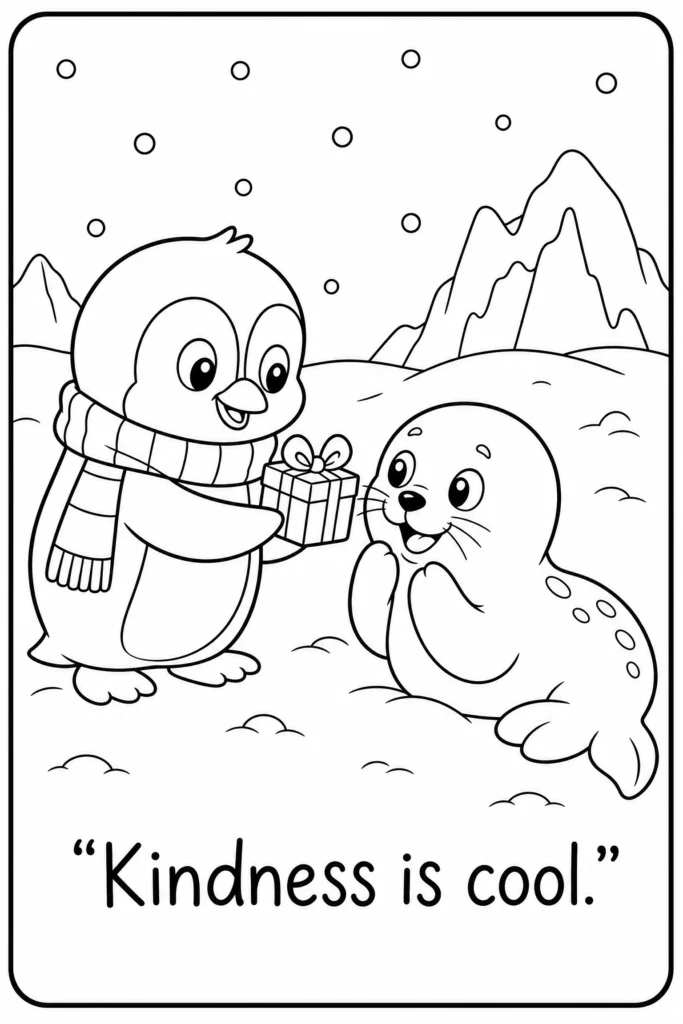 Kindness is cool penguin coloring page