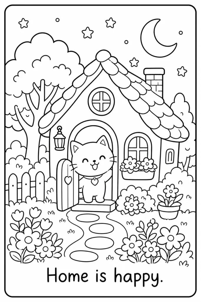 Home is happy cottage coloring page