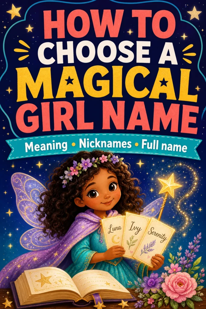 three steps for choosing a whimsical baby girl name, with a cheerful storybook character
