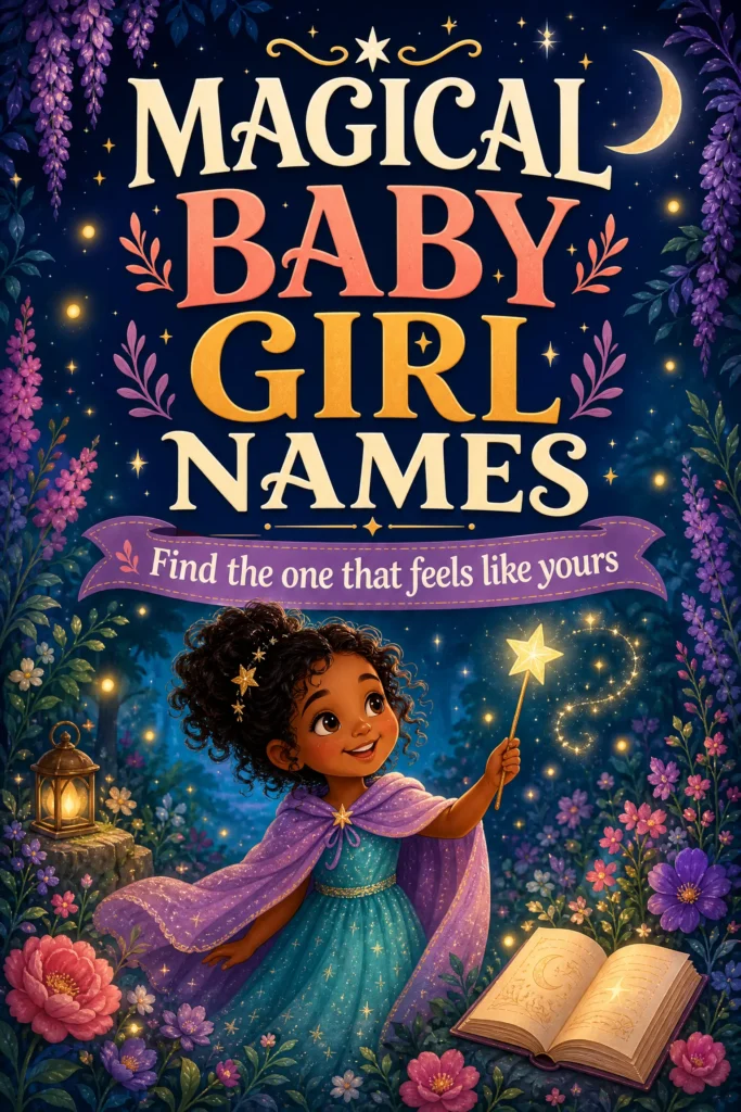 final shortlist of magical girl names with a glowing fairy-tale garden