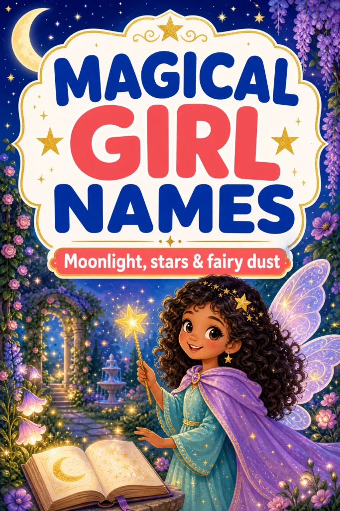 enchanting girl names with moon, stars, and a friendly fairy character