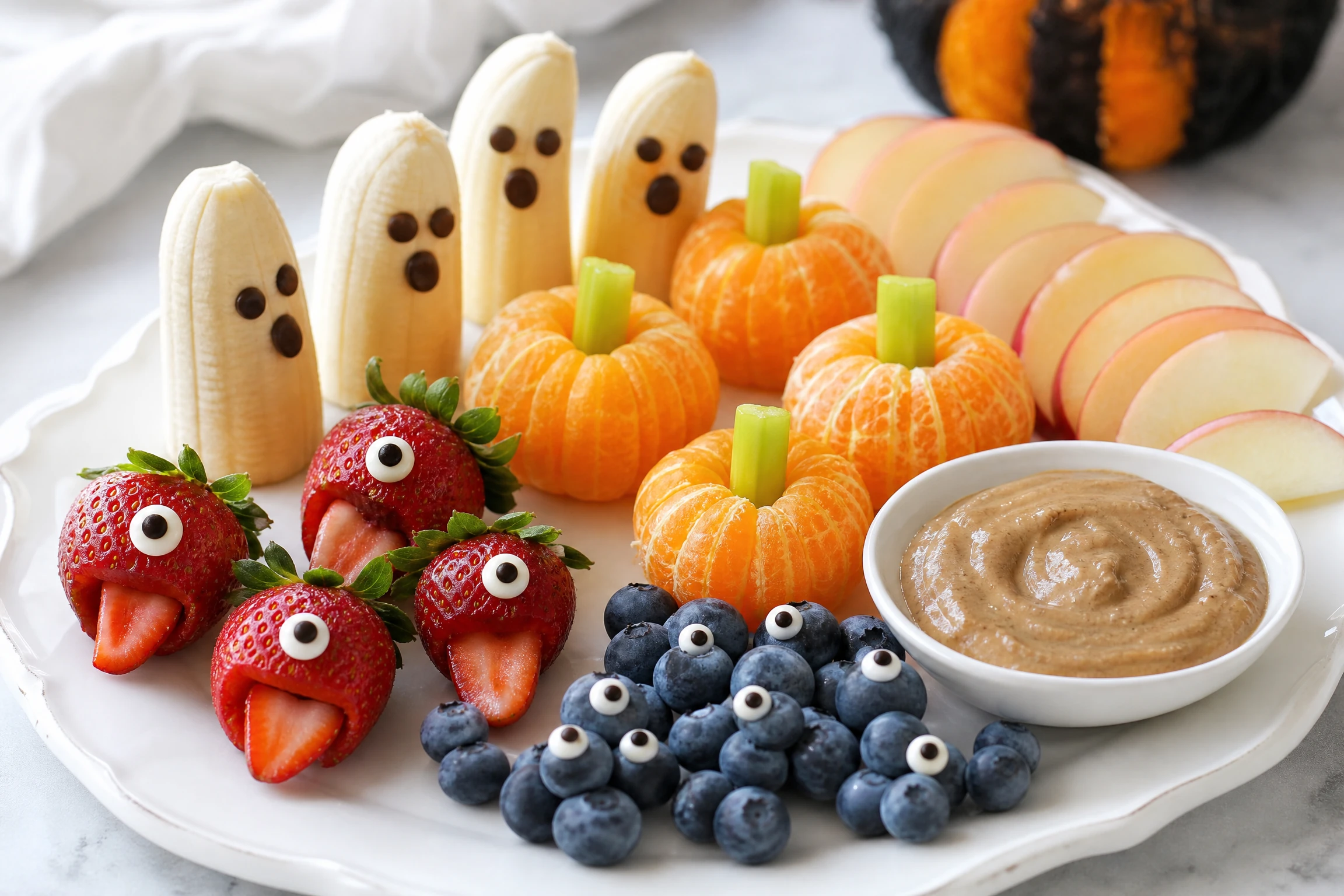 Banana ghosts and fruit cups prepared as allergy-aware Halloween treats
