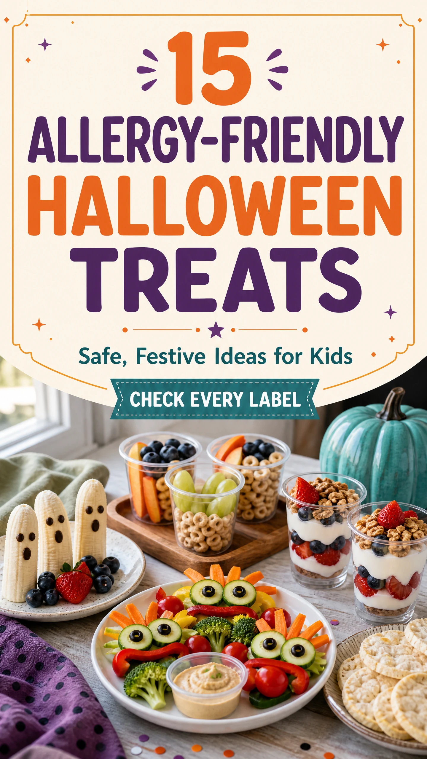 Pinterest pin for 15 allergy-friendly Halloween treats for kids