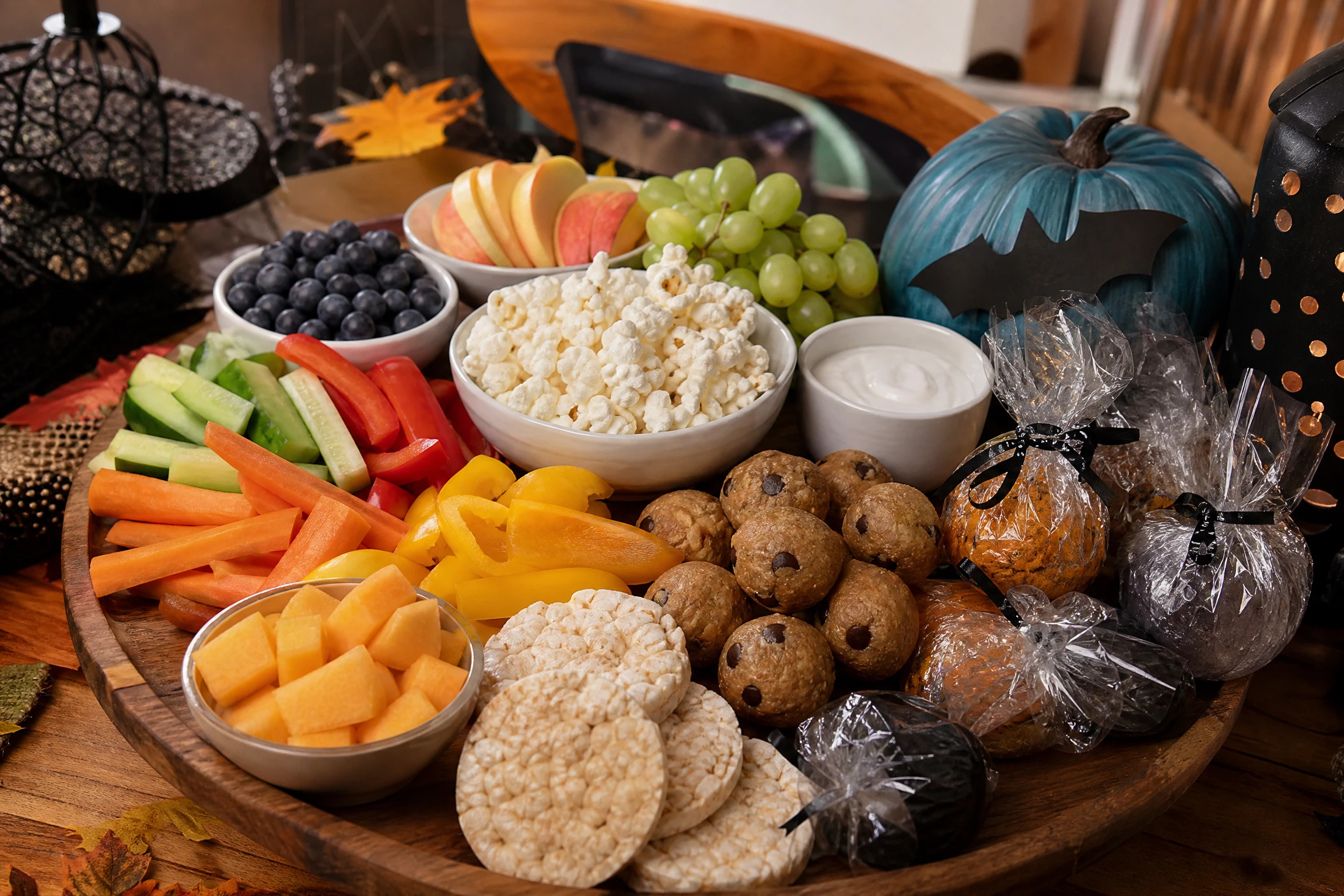 Allergy-aware Halloween treat board with separated fruit, vegetables, crackers, and dips