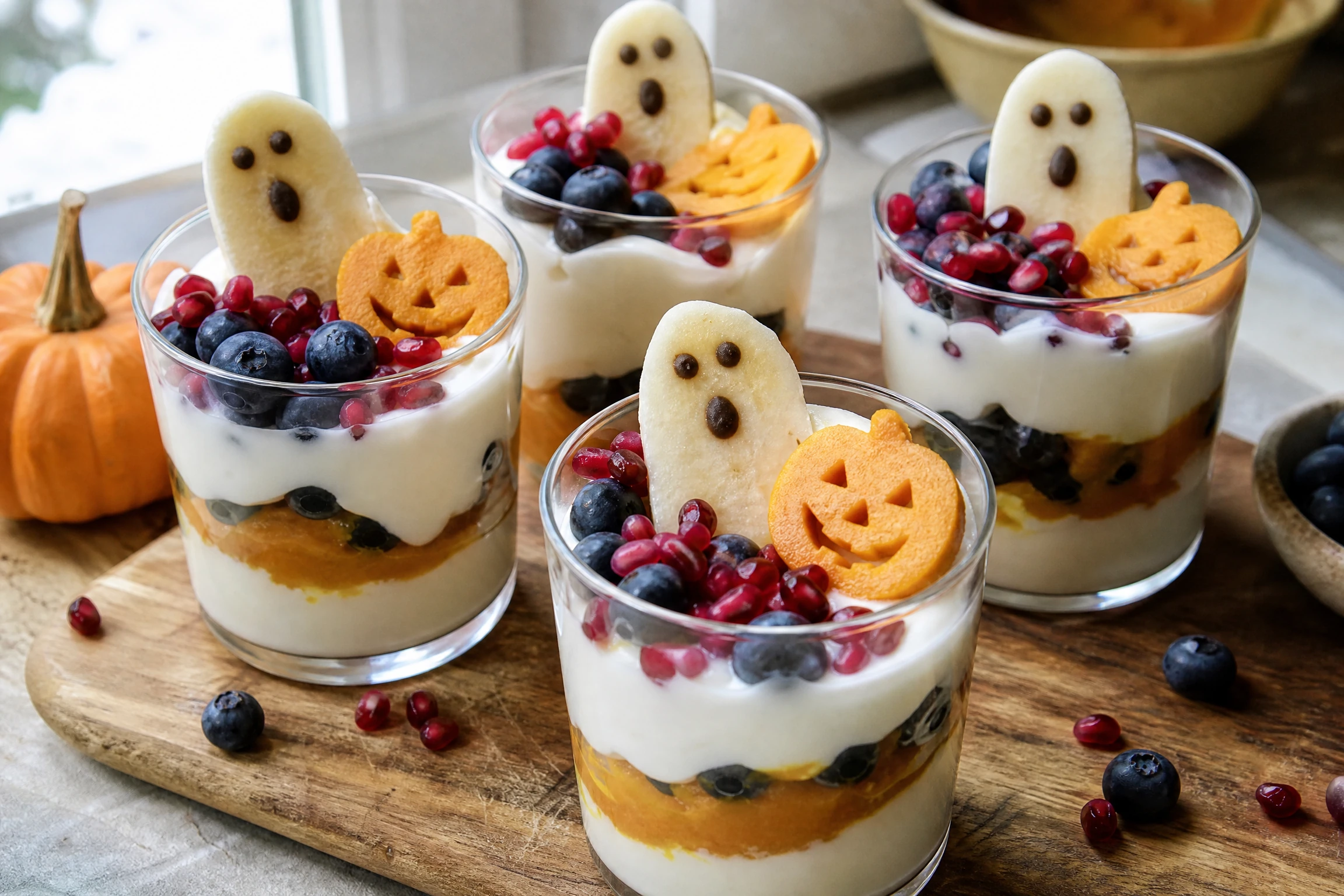 Dairy-free yogurt parfaits layered with fruit as an allergy-aware Halloween snack