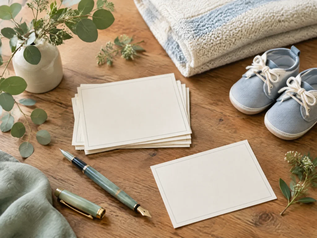 A collection of blank name cards, a fountain pen, baby shoes, and a folded blue blanket