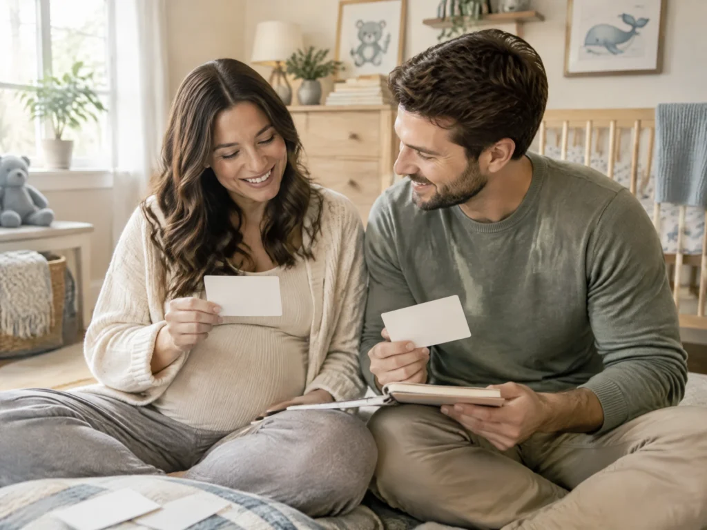 Expectant parents smiling and discussing baby boy names with blank cards and a notebook