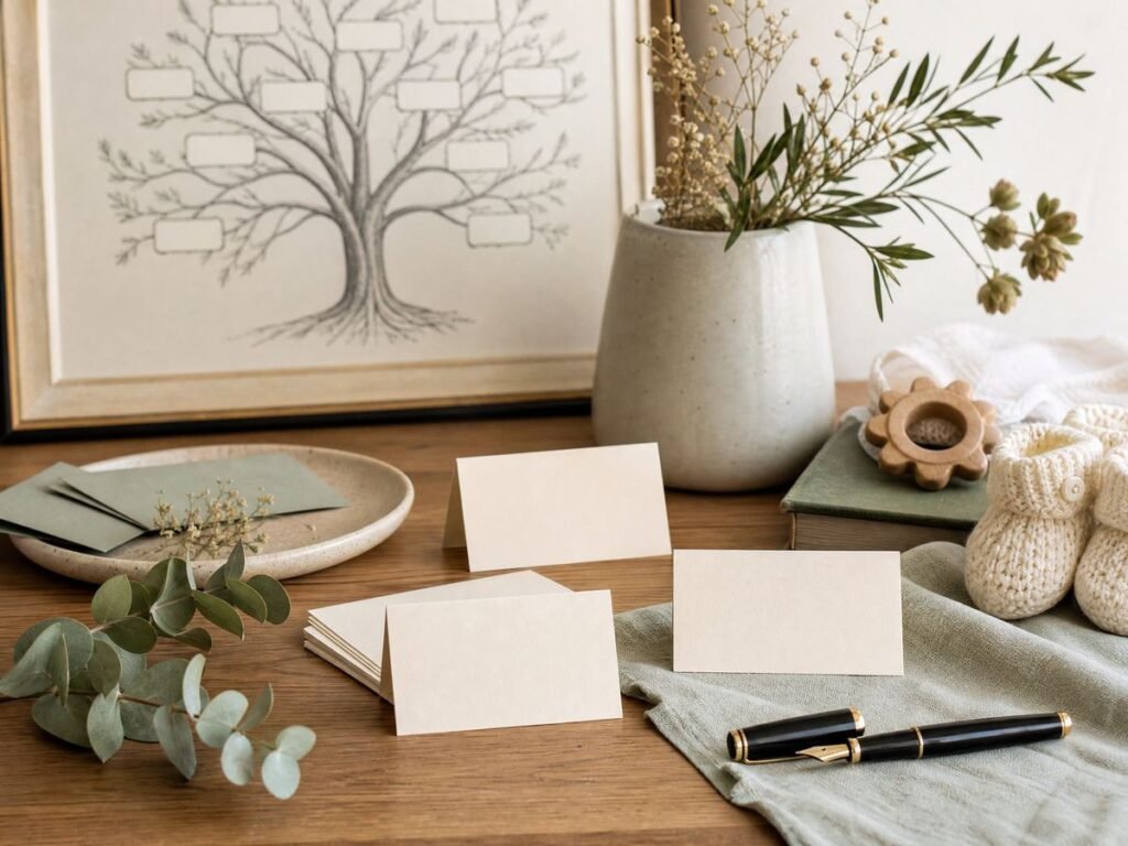 an elegant desk with a family tree and name cards