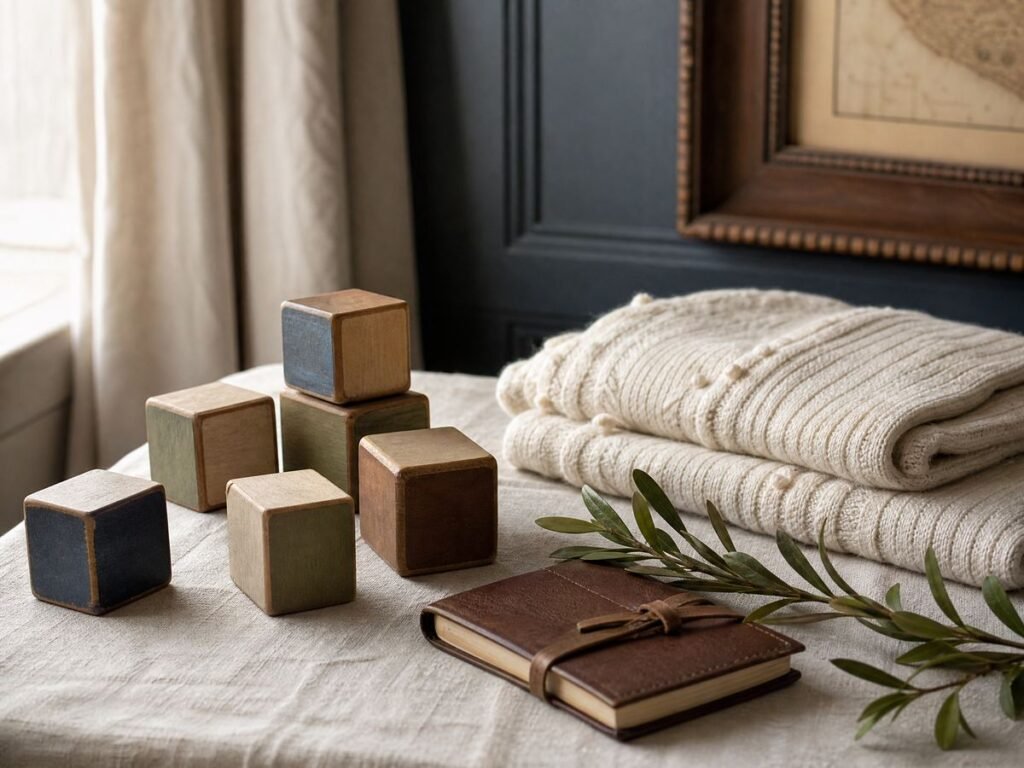 vintage wooden letter blocks beside a baby blanket