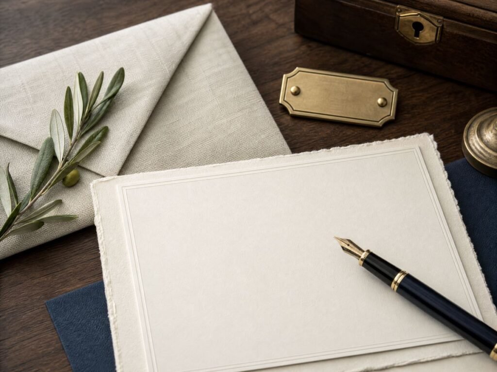 a refined family stationery scene with a fountain pen