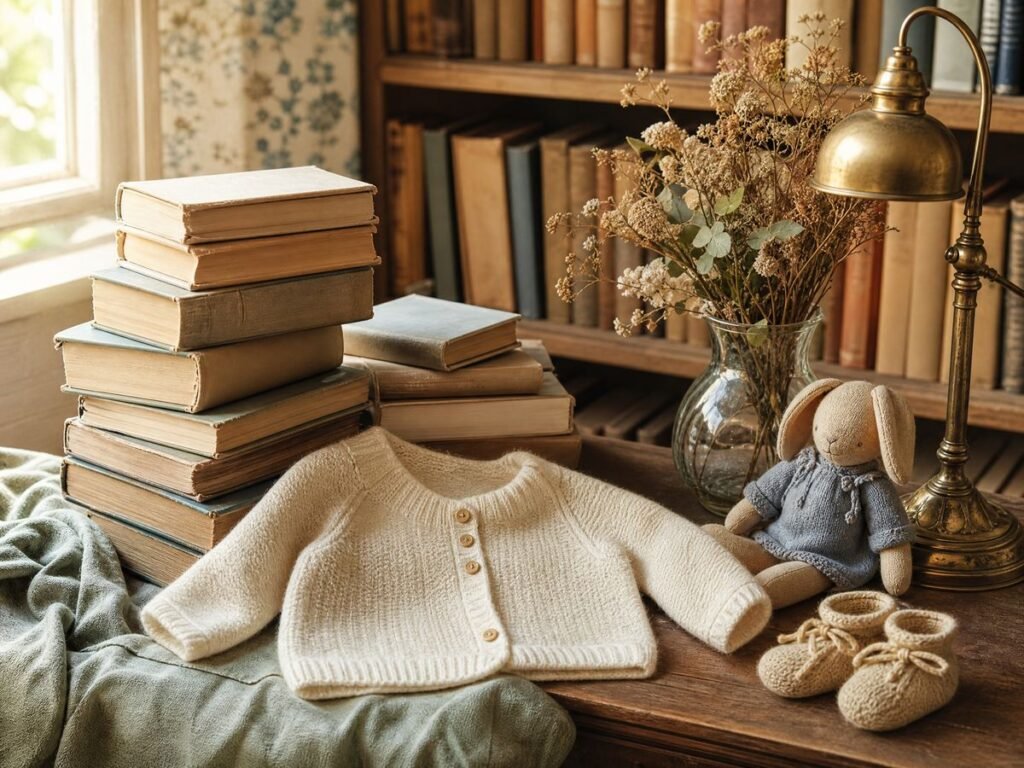 a sunlit library with classic books and dried flowers